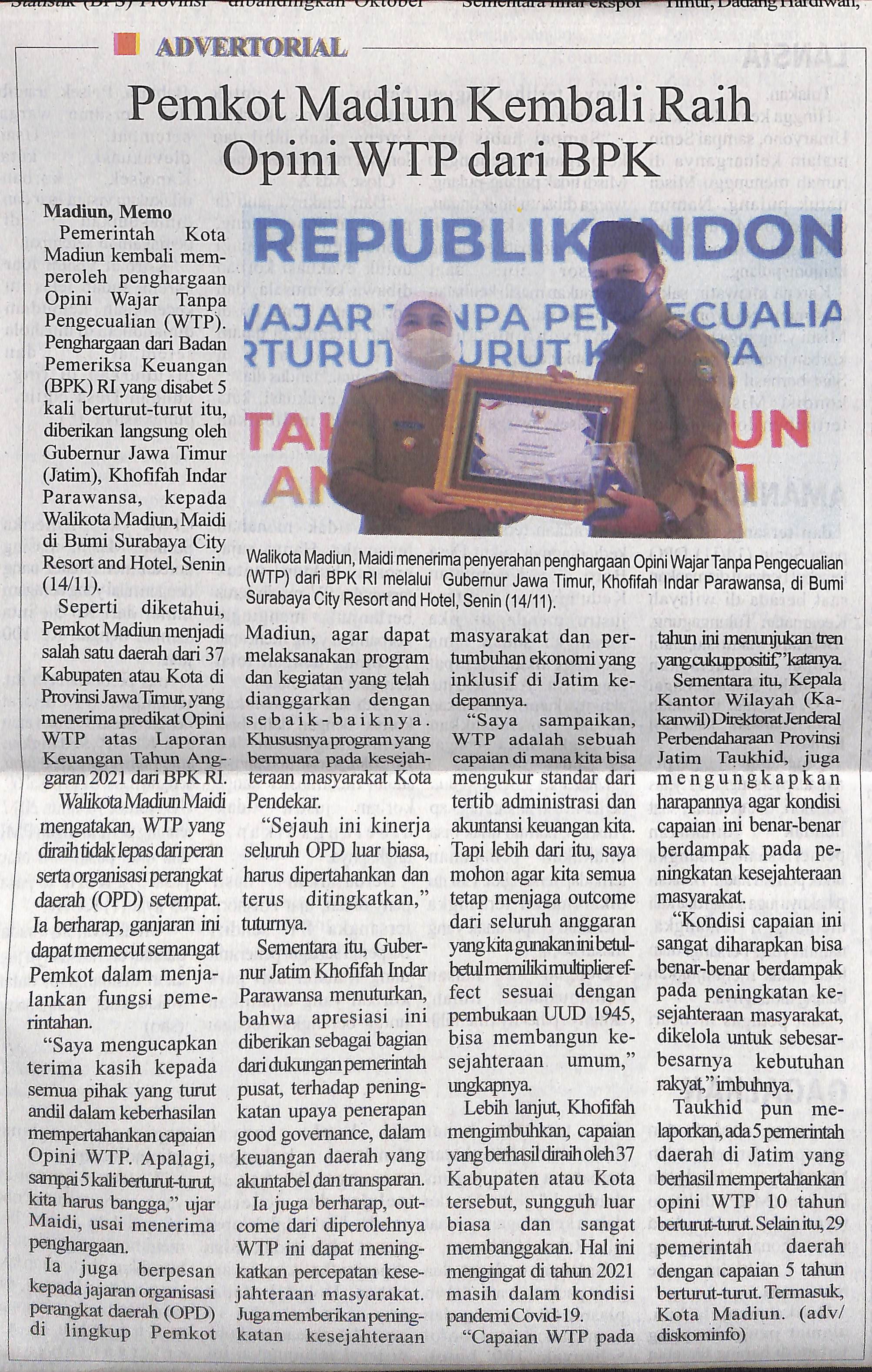 Pemkot Madiun Kembali Raih Opini WTP dari BPK