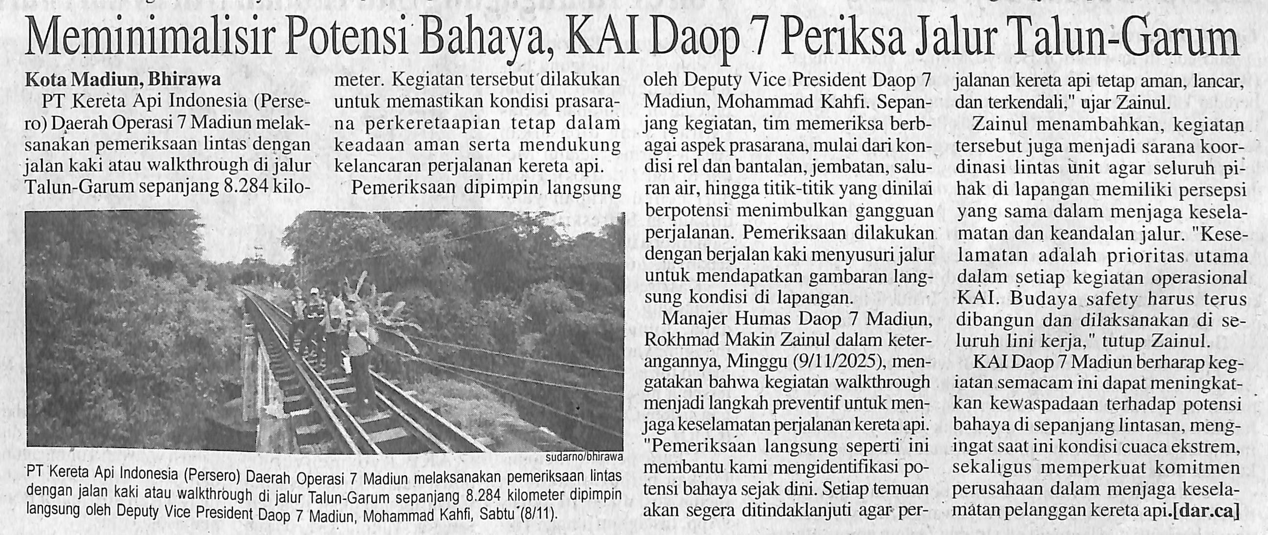 Meminimalisir Potensi Bahaya, KAI Daop 7 Periksa Jalur Talun-Garum