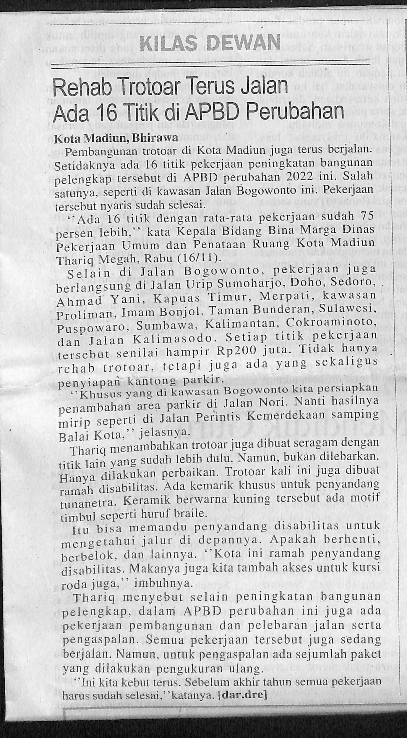 Rehab Trotoar Terus Jalan Ada 16 Titik di APBD Perubahan