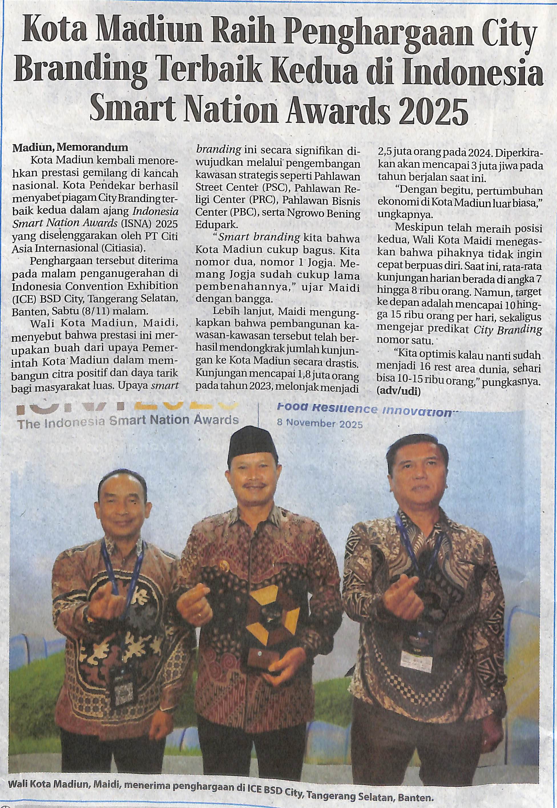 Kota Madiun Raih Penghargaan City Branding Terbaik Kedua di Indonesia Smart Nation Awards 2025