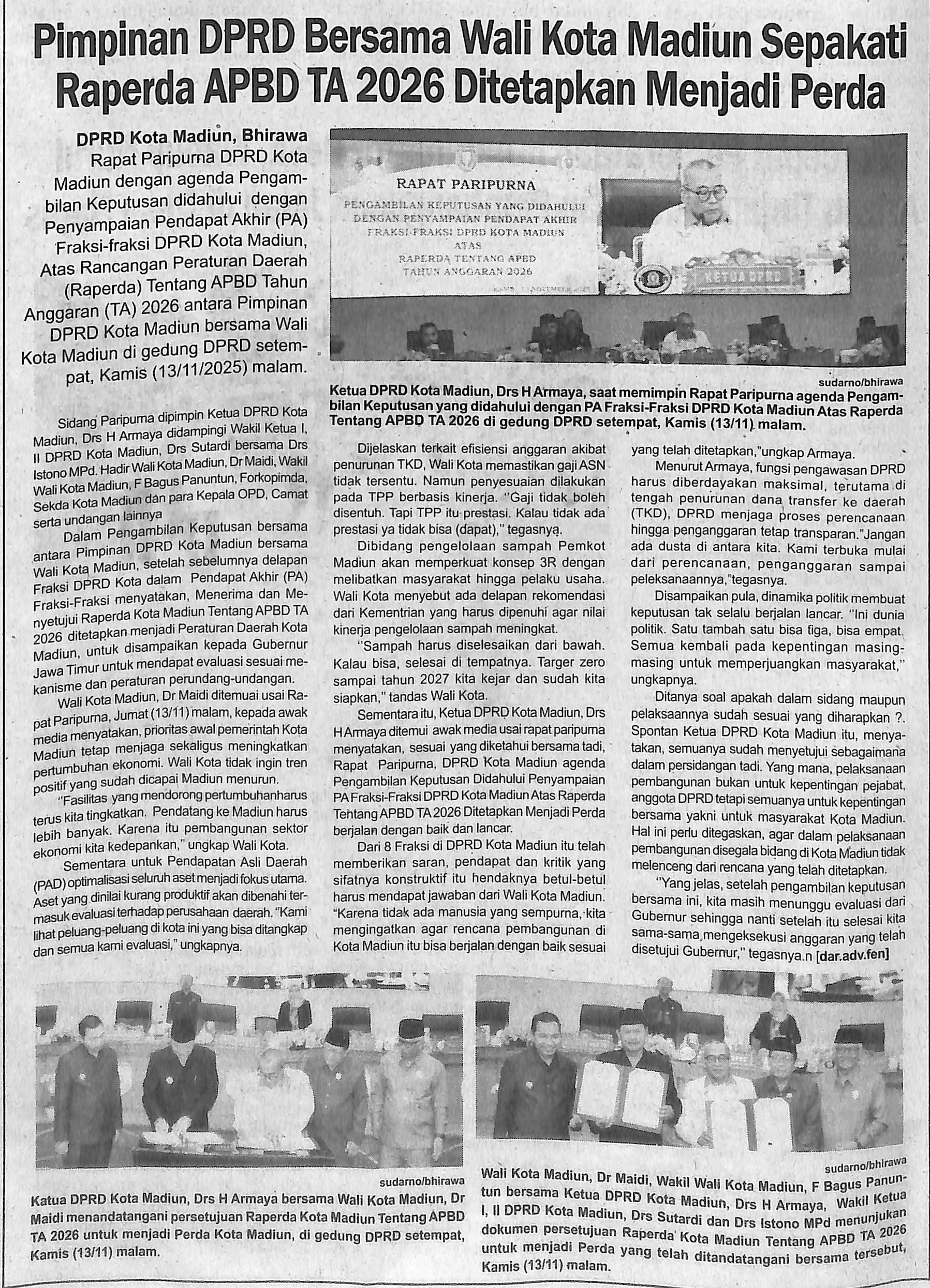 Pimpinan DPRD Bersama Wali Kota Madiun Sepakati Raperda APBD TA 2026 Ditetapkan Meniadi Perda