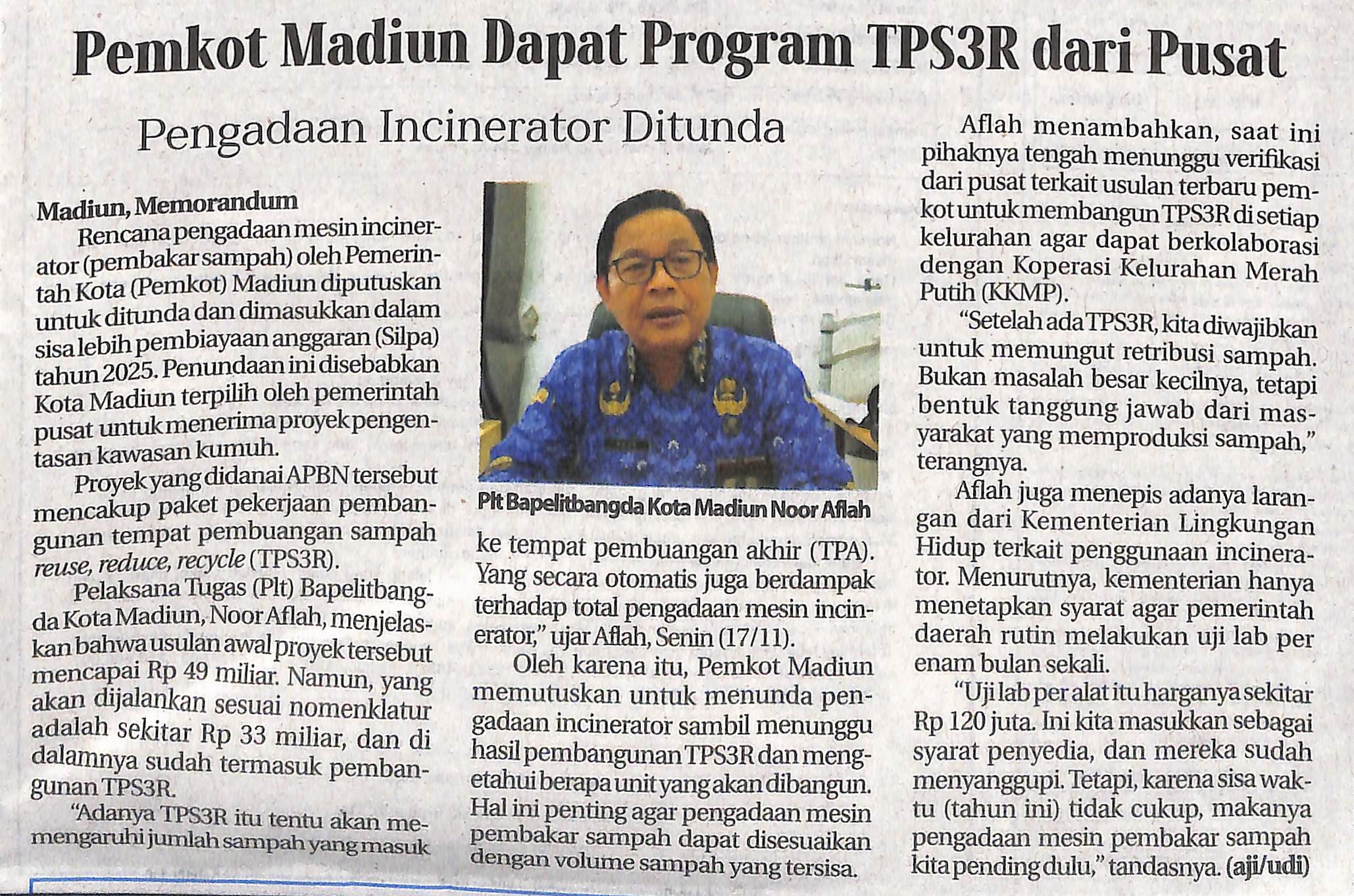 Pemkot Madiun Dapat Program TPS3R dari Pusat, Pengadaan Incinerator Ditunda