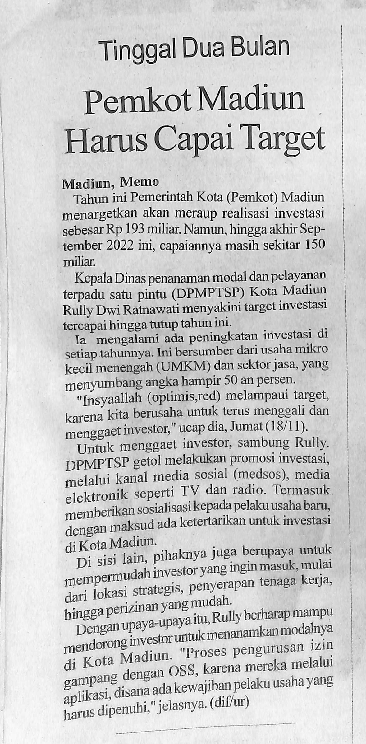 Tinggal Dua Bulan, Pemkot Madiun Harus Capai Target