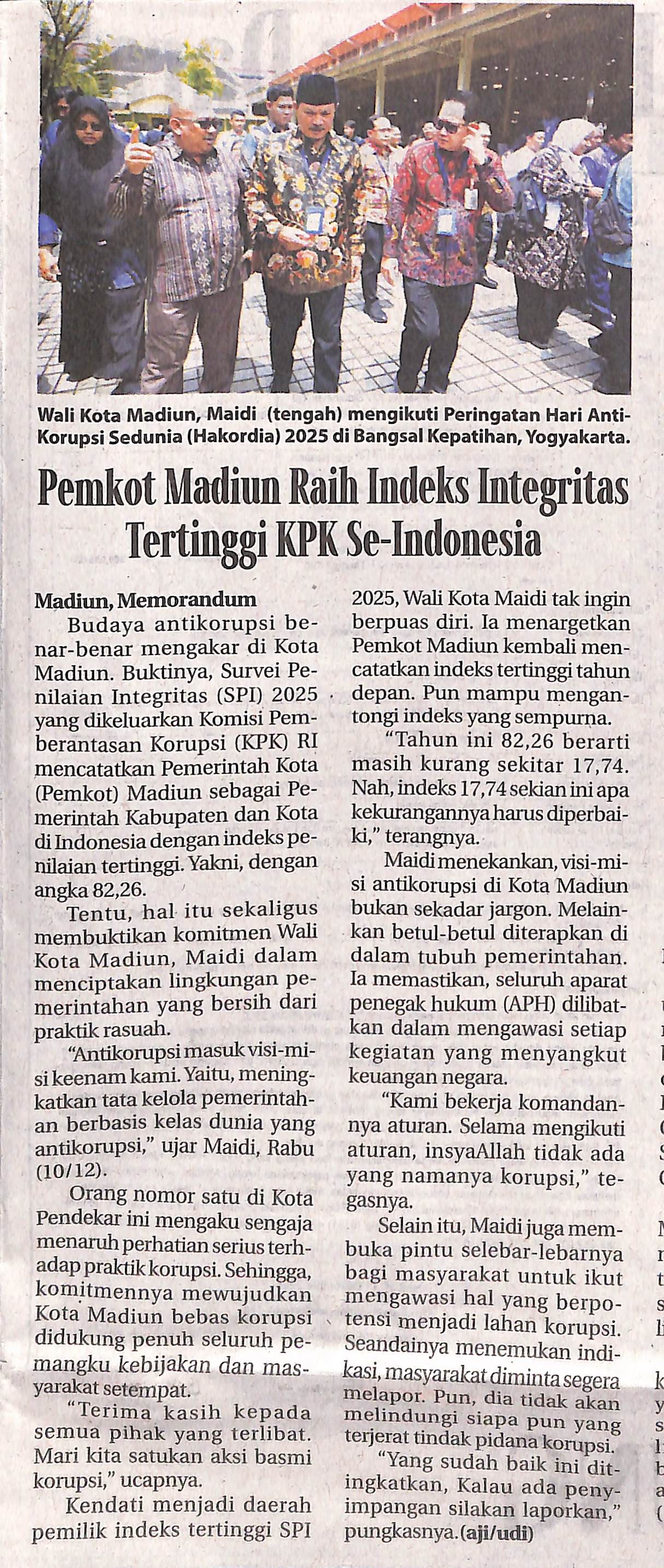 Pemkot Madiun Raih indeks Integritas Tertinggi KPK Se-Indonesia