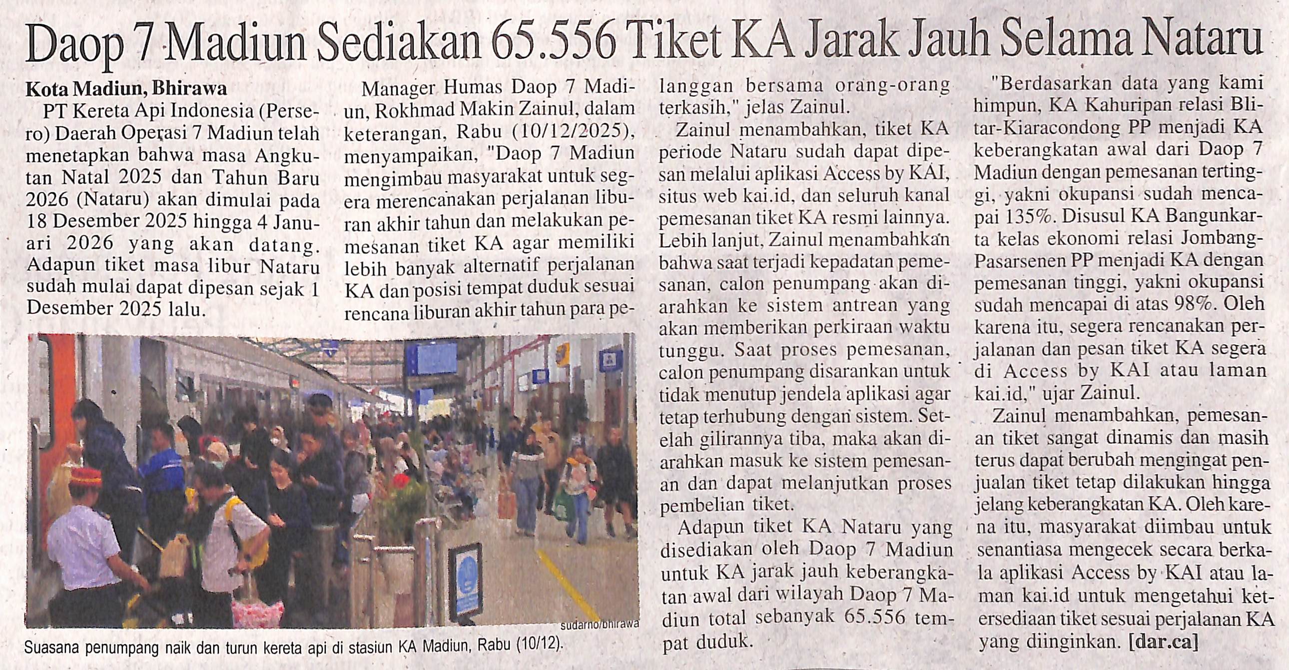 Daop 7 Madiun Sediakan 65.556 Tiket KA Jarak Jauh Selama Nataru