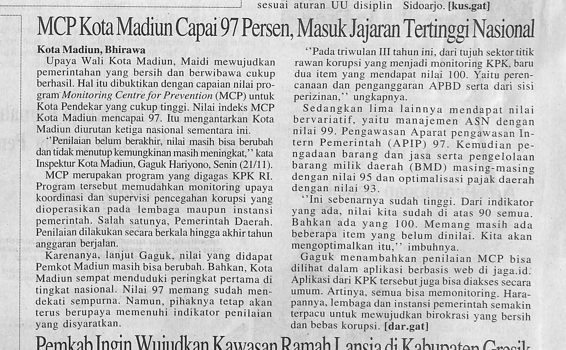 MCP Kota Madiun Capai 97 Persen, Masuk Jajaran Tertinggi Nasional