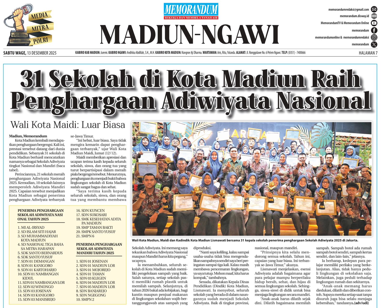 31 Sekolah di Kota Madiun Raih Penghargaan Adiwiyata Nasional