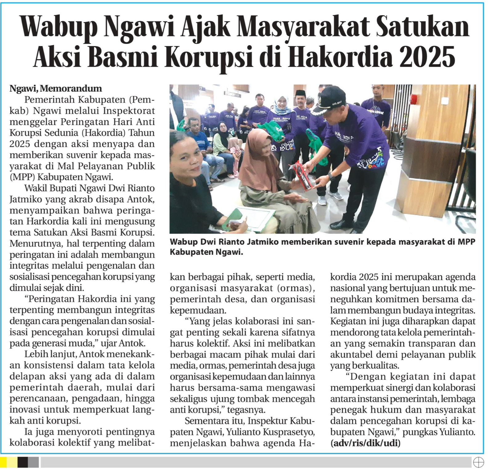 Wabup Ngawi Ajak Masyarakat Satukan Aksi Basmi Korupsi di Hakordia 2025