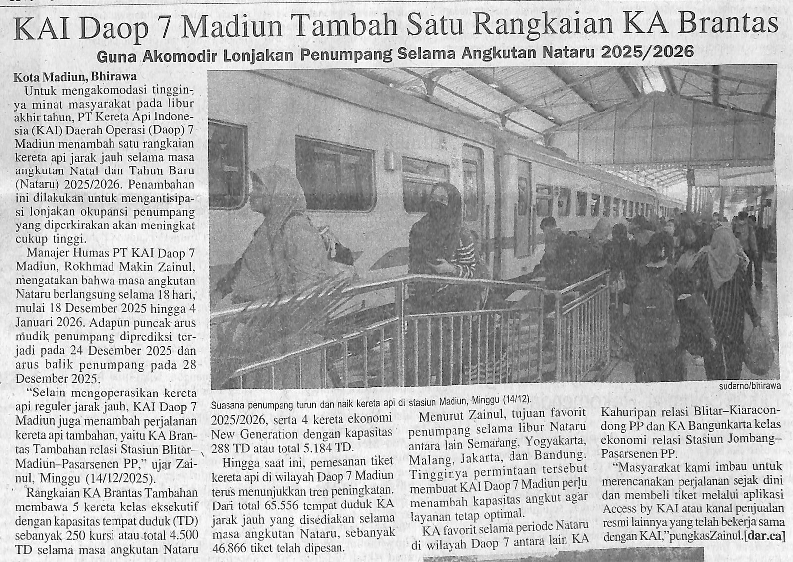 KAI Daop 7 Madiun Tambah Satu Rangkaian KA Brantas