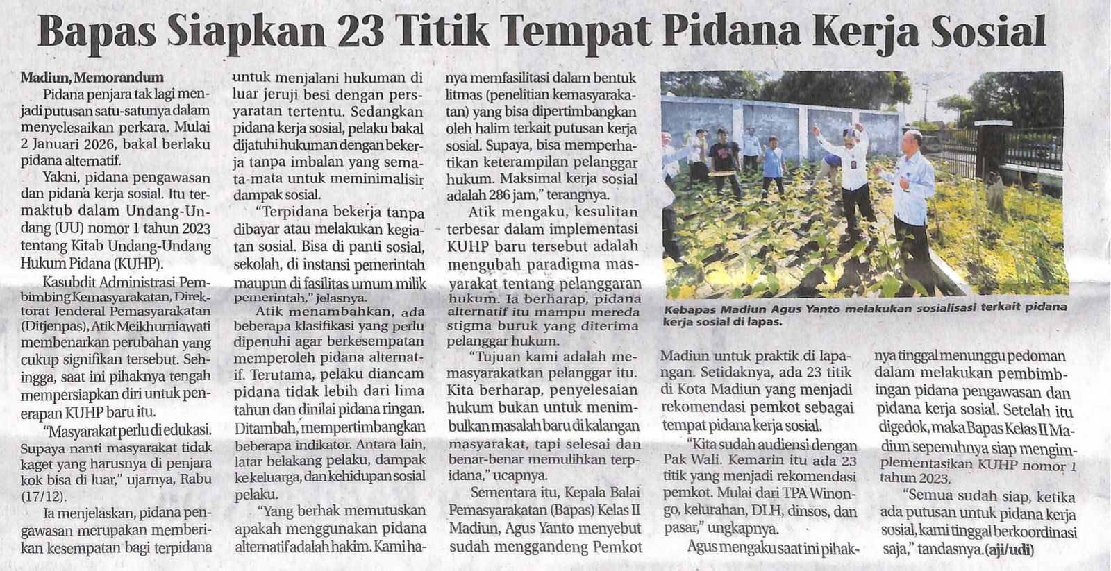 Bapas Siapkan 23 Titik Tempat Pidana Kerja Sosial