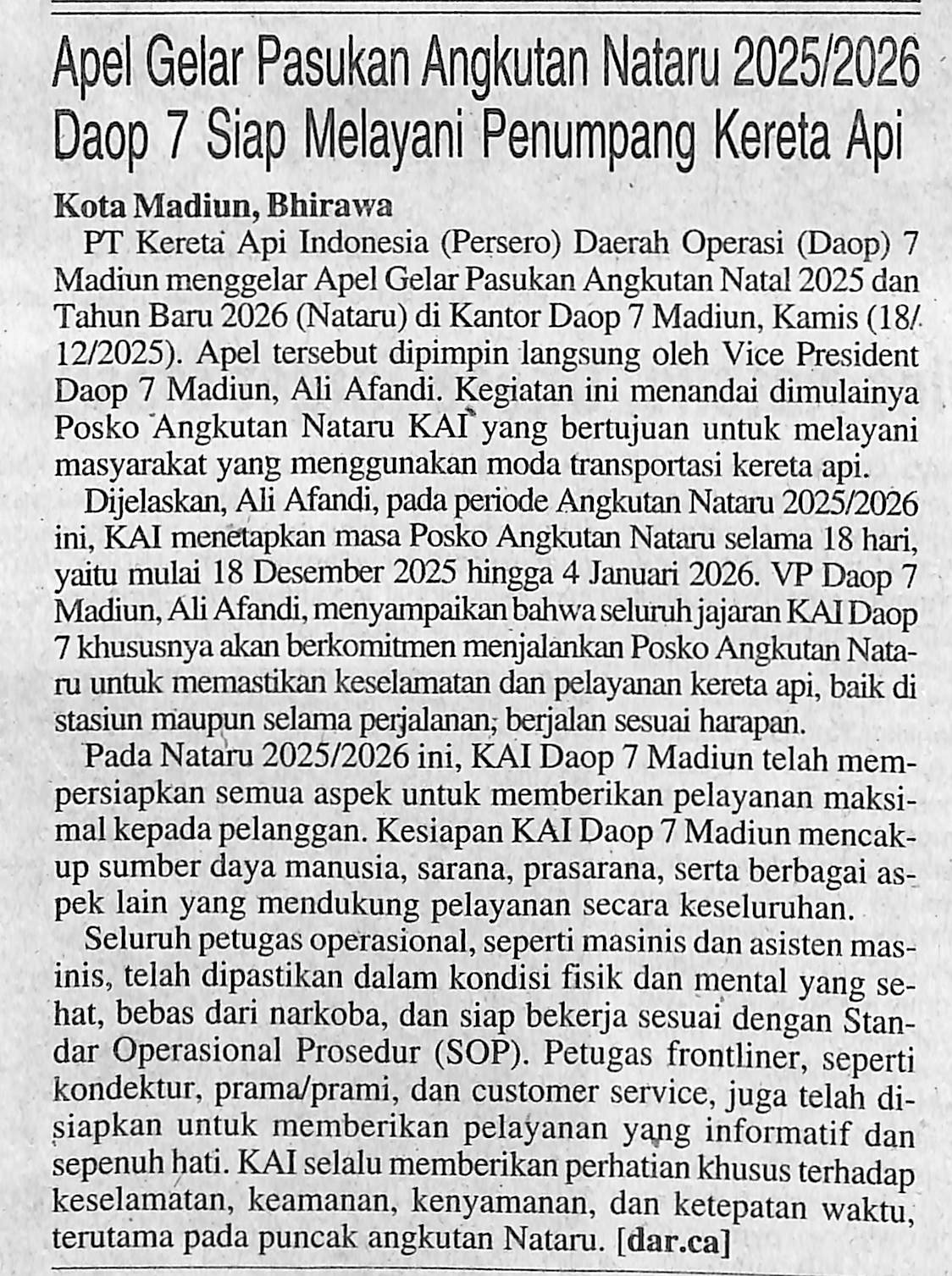 Apel Gelar Pasukan Angkutan Nataru 2025/2026, Daop 7 Siap Melayani Penumpang Kereta Api