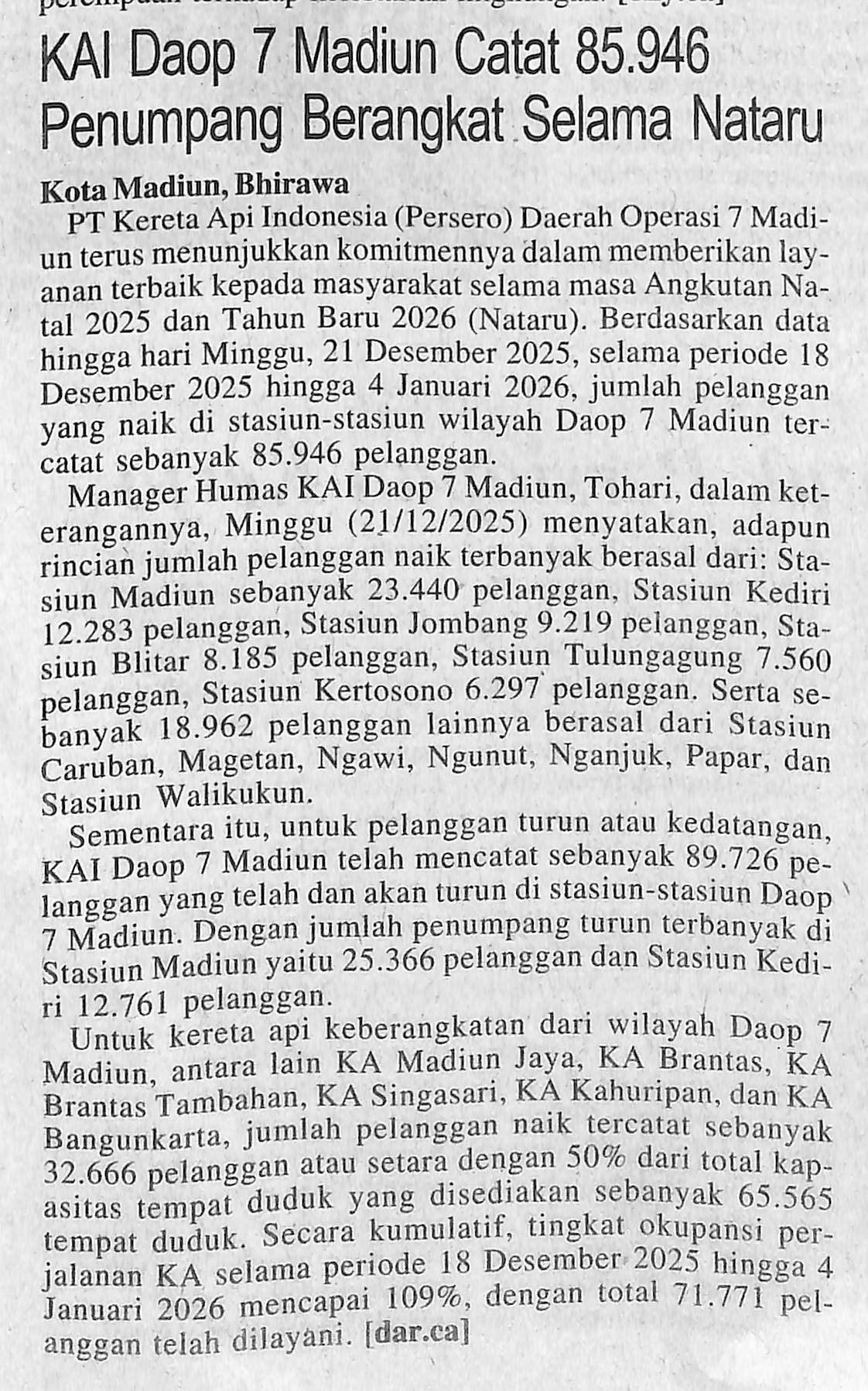 KAI Daop 7 Madiun Catat 85.946 Penumpang Berangkat Selama Nataru