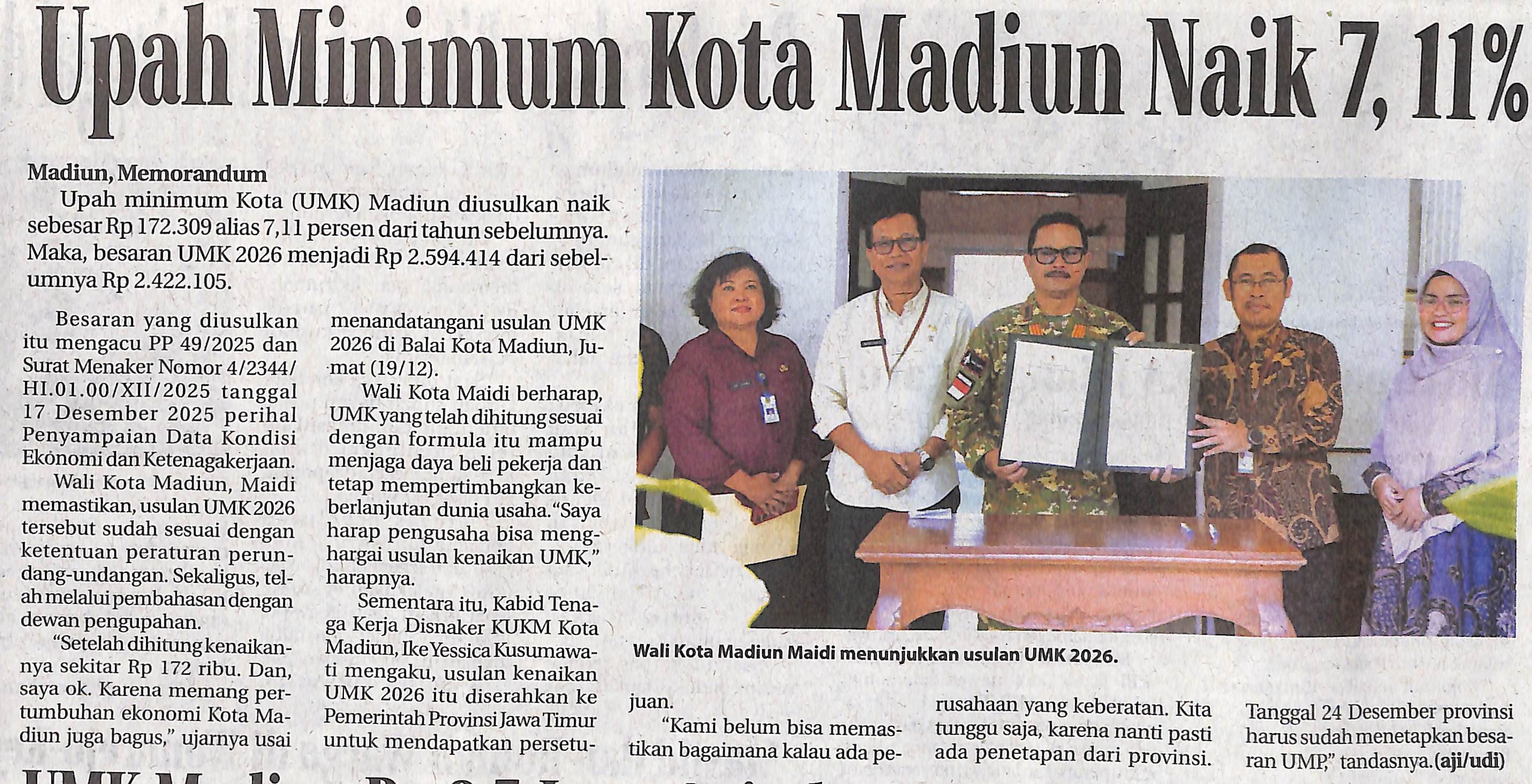 Upah Minimum Kota Madiun Naik 7,11%
