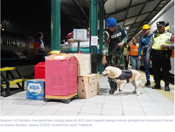 Lonjakan Nataru, KAI–Denpom Sisir KA Parcel dengan Anjing Pelacak di Stasiun Madiun
