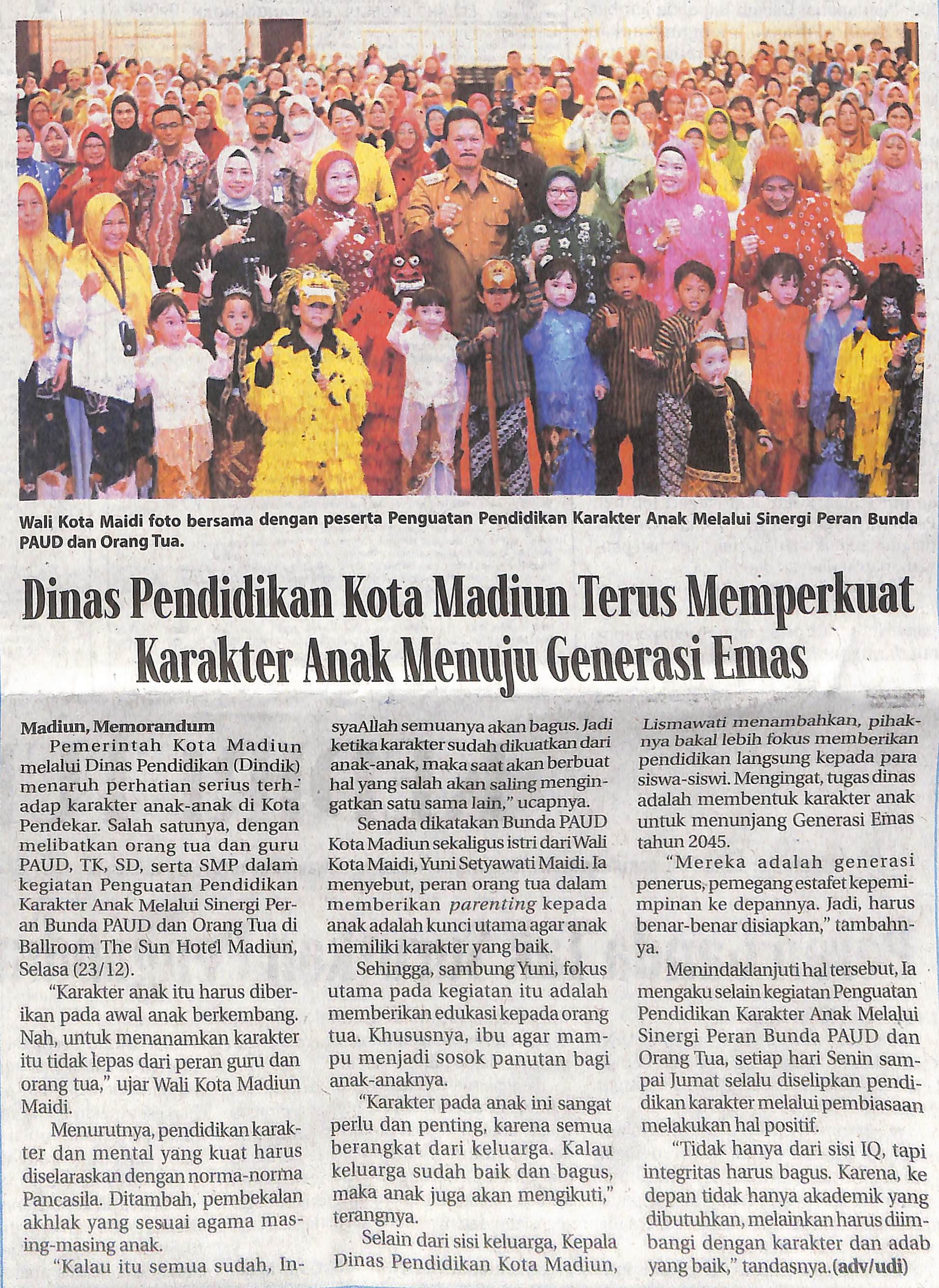 Dinas Pendidikan Kota Madiun Terus Memperkuat Karakter Anak Menuju Generasi Emas
