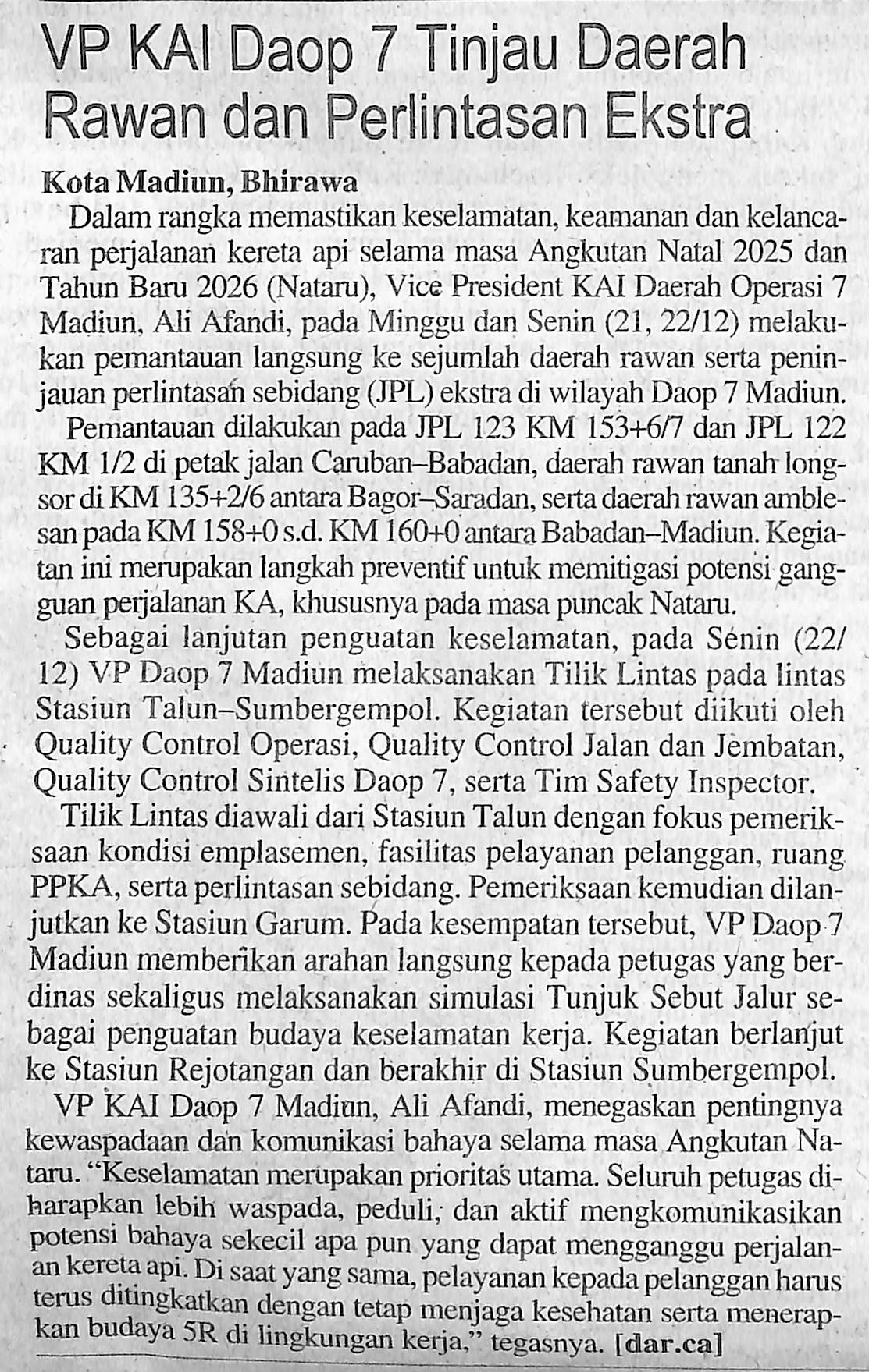 VP KAI Daop 7 Tinjau Daerah Rawan dan Perlintasan Ekstra