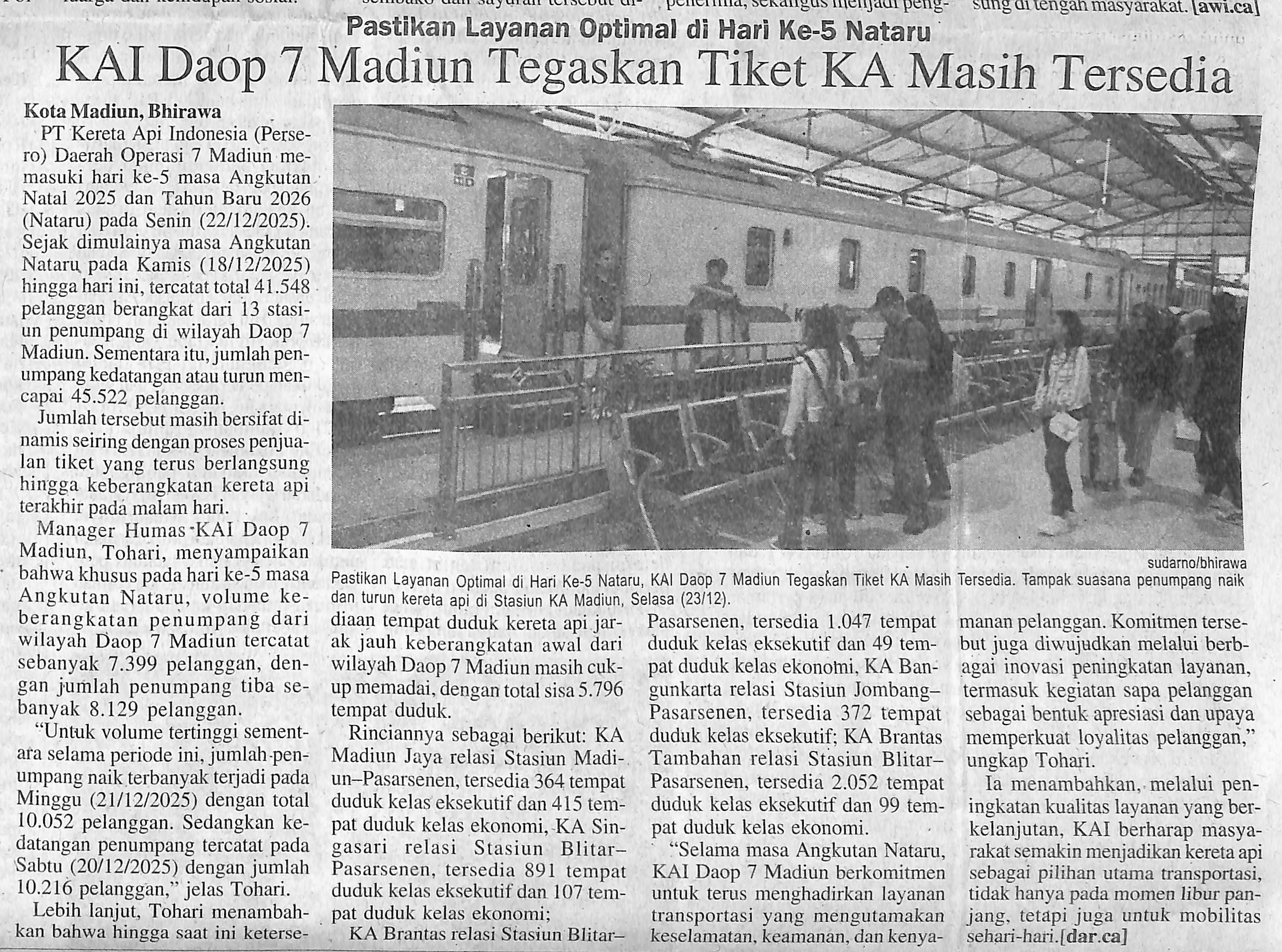 KAI Daop 7 Madiun Tegaskan Tiket KA Masih Tersedia