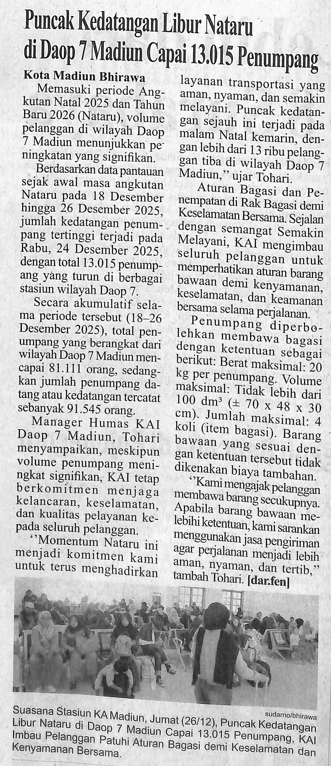 Puncak Kedatangan Libur Nataru di Daop 7 Madiun Capai 13.015 Penumpang