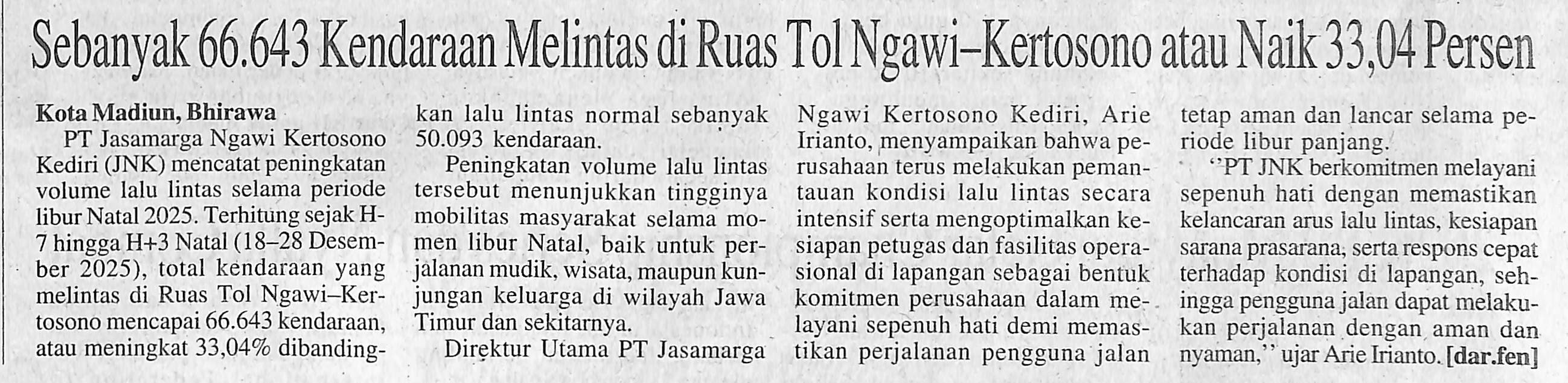Sebanyak 66.643 Kendaraan Melintas di Ruas Tol Ngawi–Kertosono atau Naik 33,04 Persen