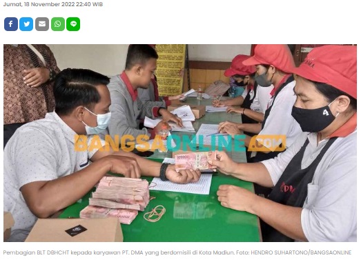 Dinsos Kota Madiun Salurkan BLT DBHCHT