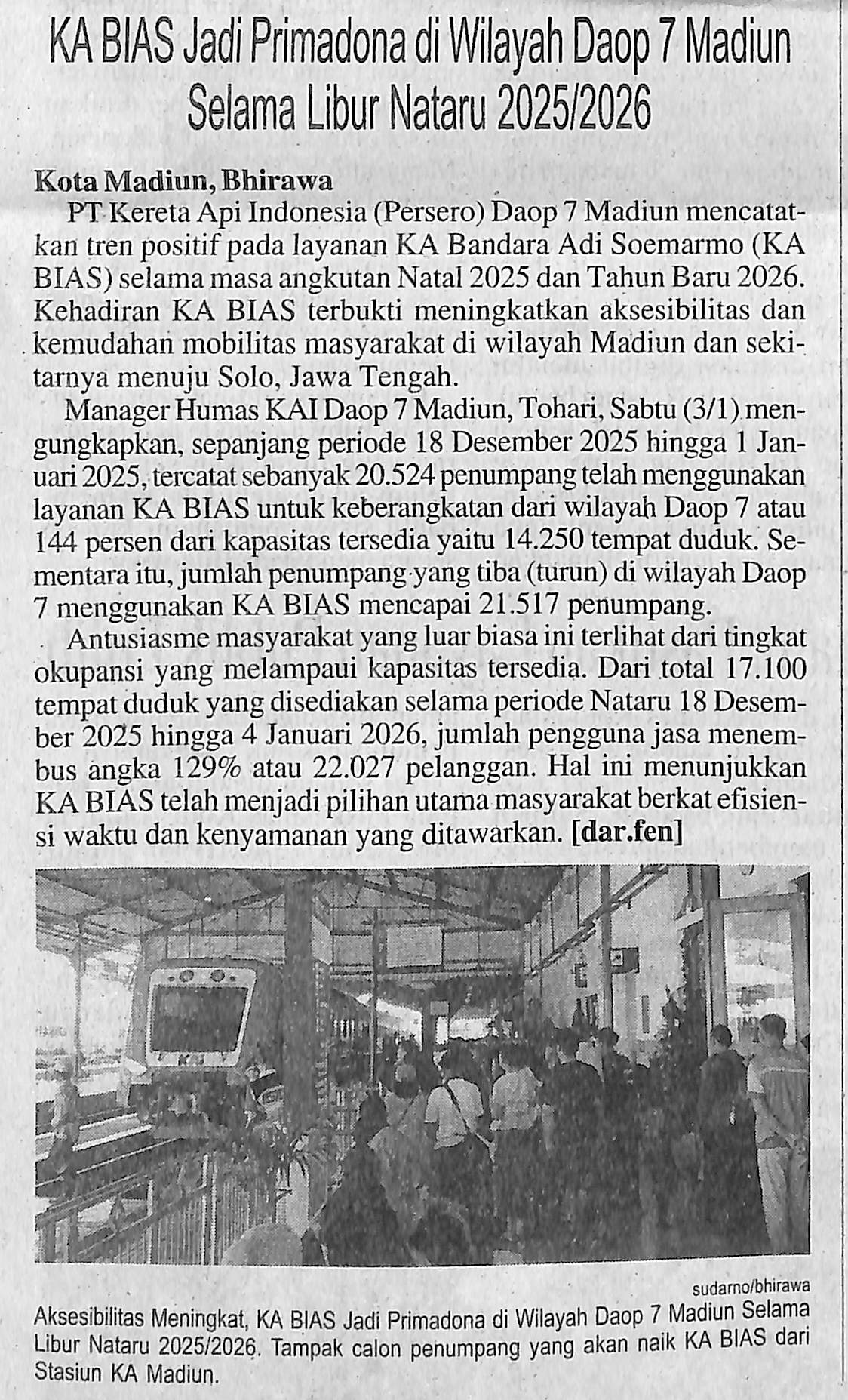 KA BIAS Jadi Primadona di Wilayah Daop 7 Madiun Selama Libur Nataru 2025/2026