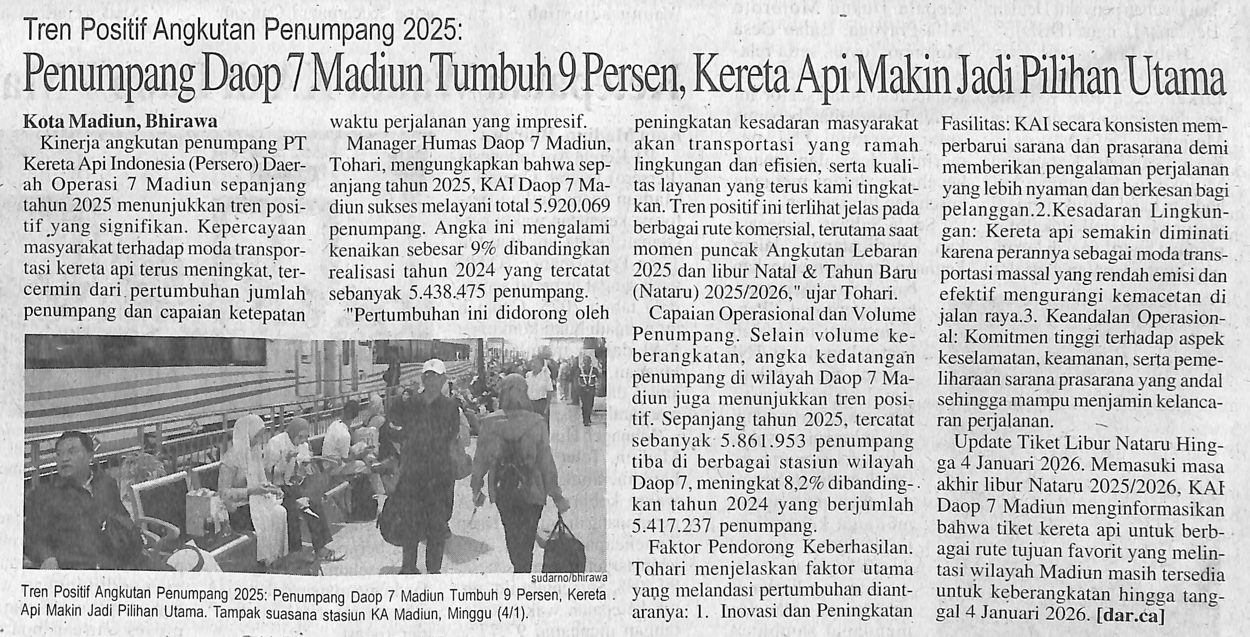Penumpang Daop 7 Madiun Tumbuh 9 Persen, Kereta Api Makin Jadi Pilihan Utama