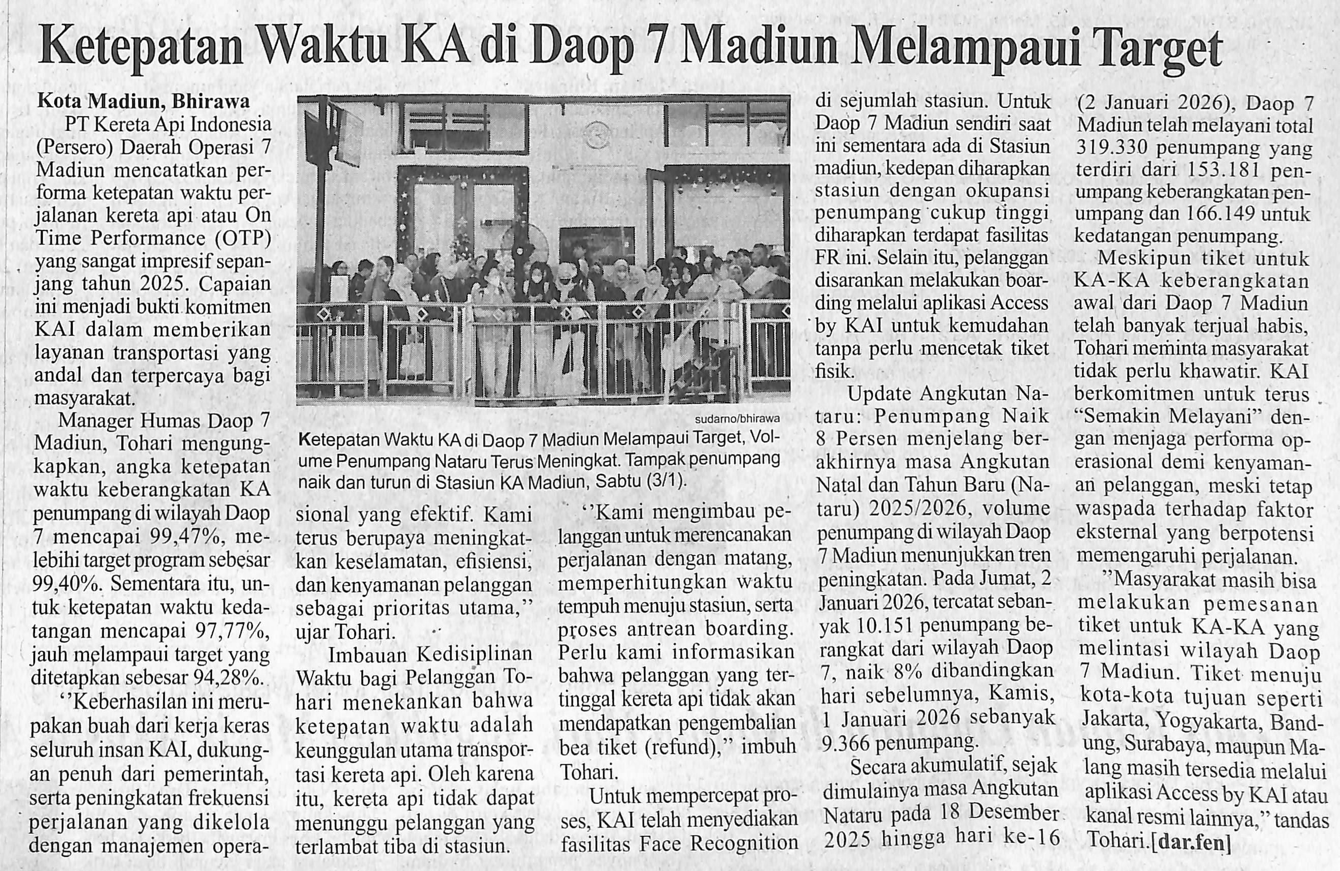 Ketepatan Waktu KA di Daop 7 Madiun Melampaui Target