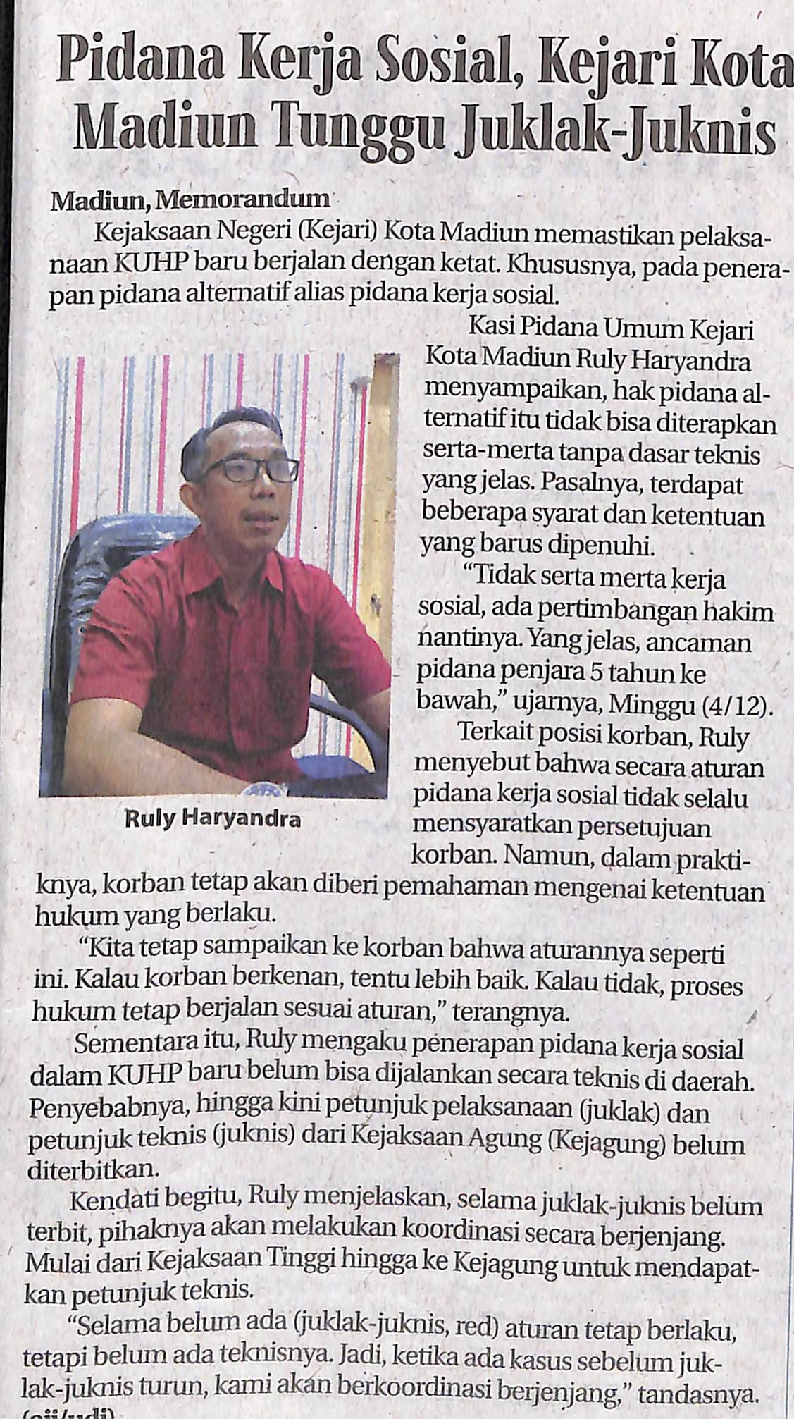 Pidana Kerja Sosial, Kejari Kota Madiun Tunggu Juklak–Juknis