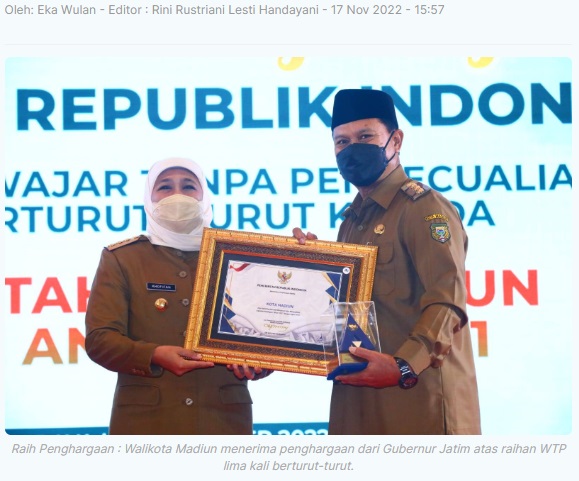 WTP Lima Kali Berturut-Turut, Pemkot Madiun Raih Penghargaan