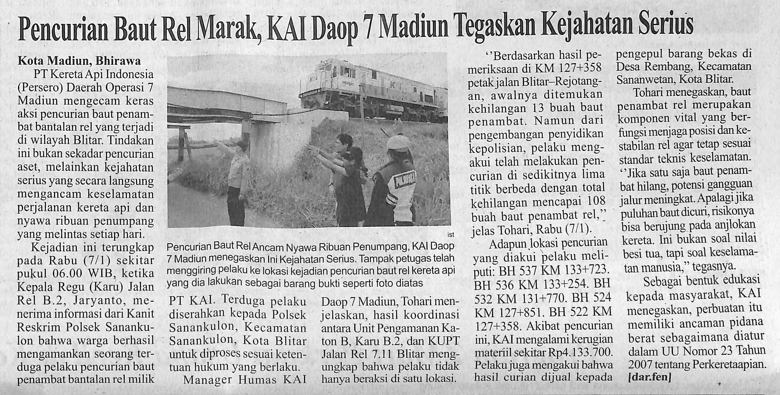 Pencurian Baut Rel Marak, KAI Daop 7 Madiun Tegaskan Kejahatan Serius