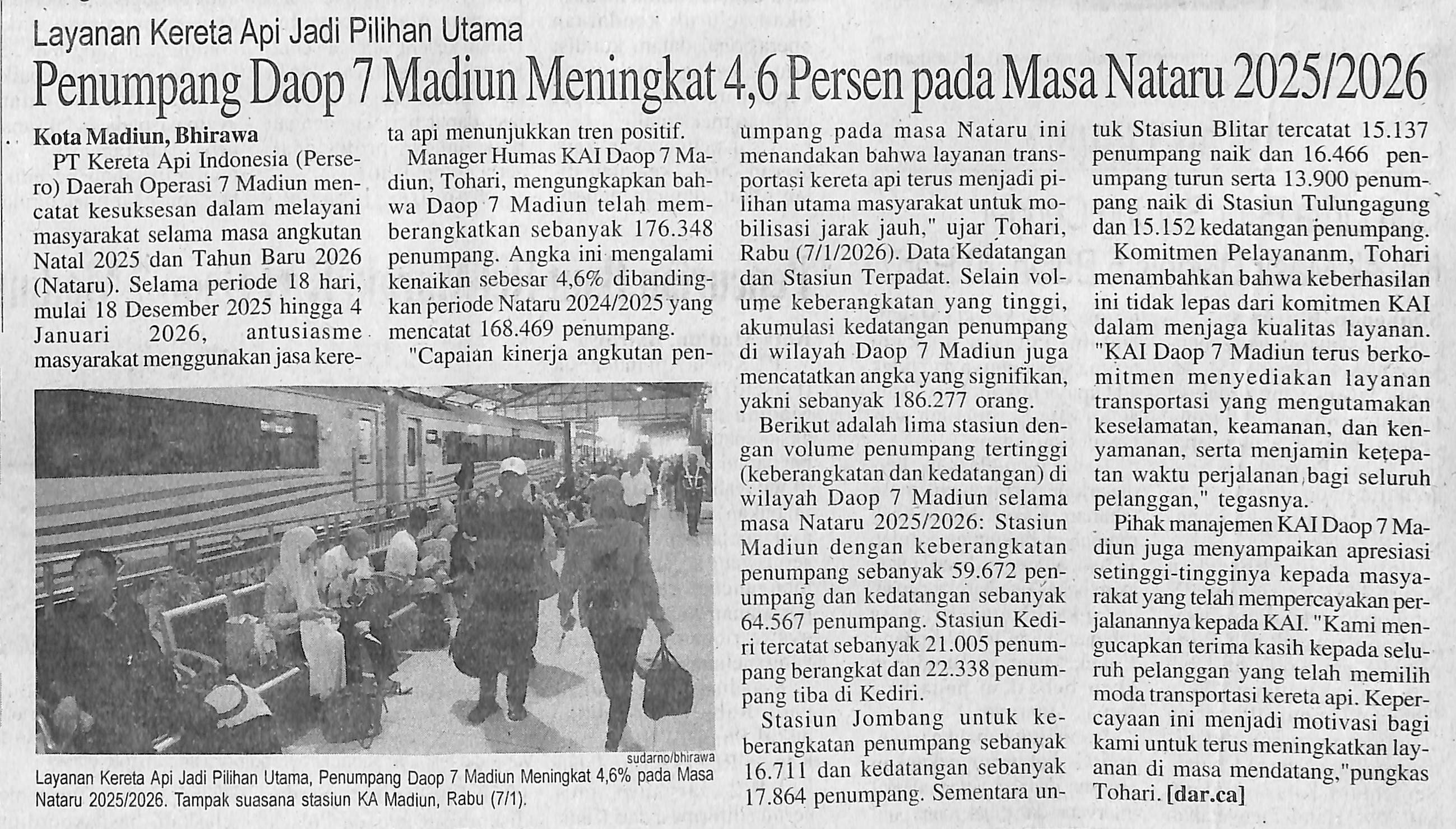 Penumpang Daop 7 Madiun Meningkat 4,6 Persen pada Masa Nataru 2025/2026