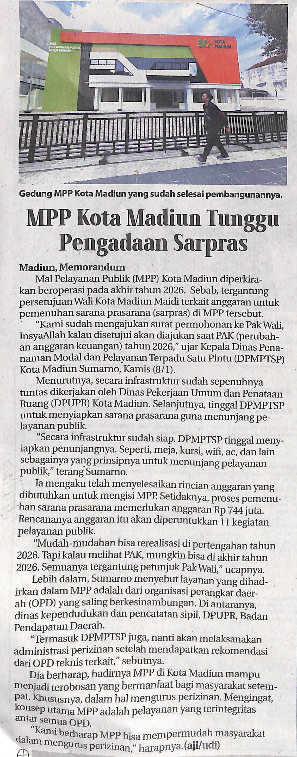 MPP Kota Madiun Tunggu Pengadaan Sarpras