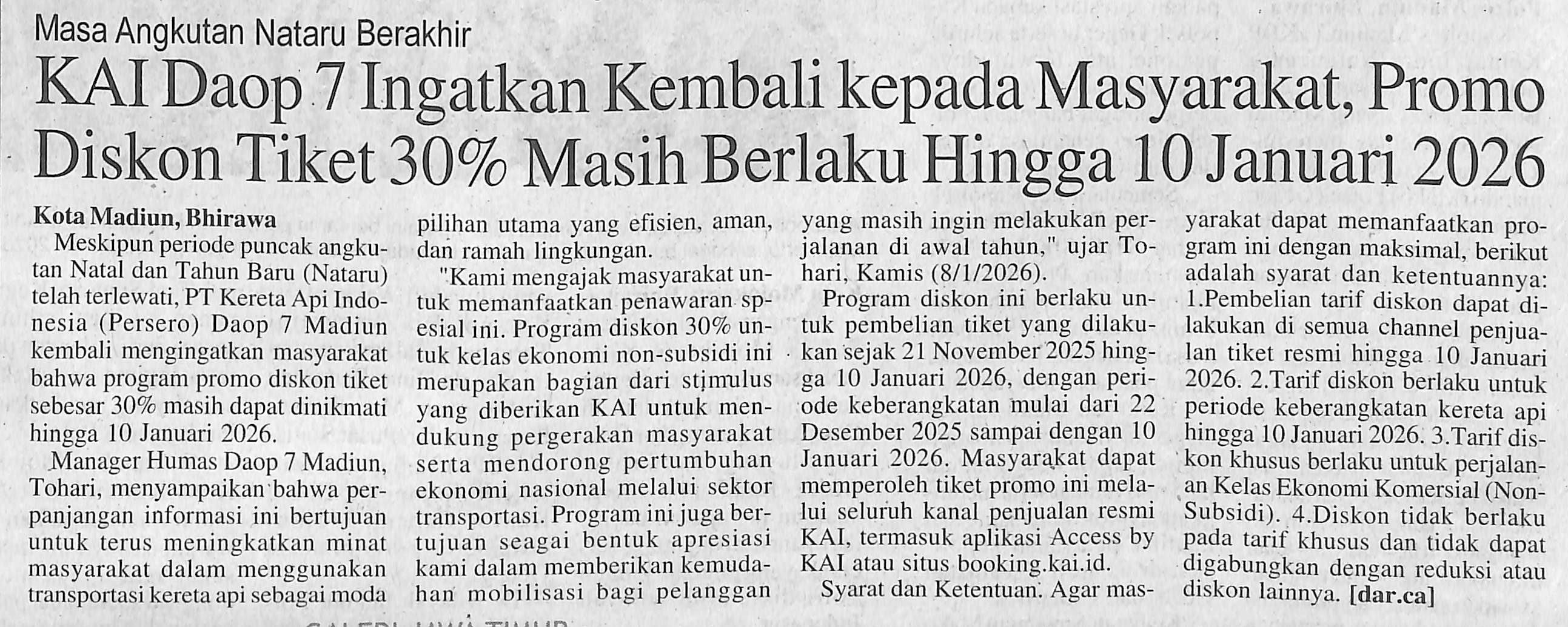 KAI Daop 7 Ingatkan Kembali kepada Masyarakat, Promo Diskon Tiket 30% Masih Berlaku Hingga 10 Januari 2026