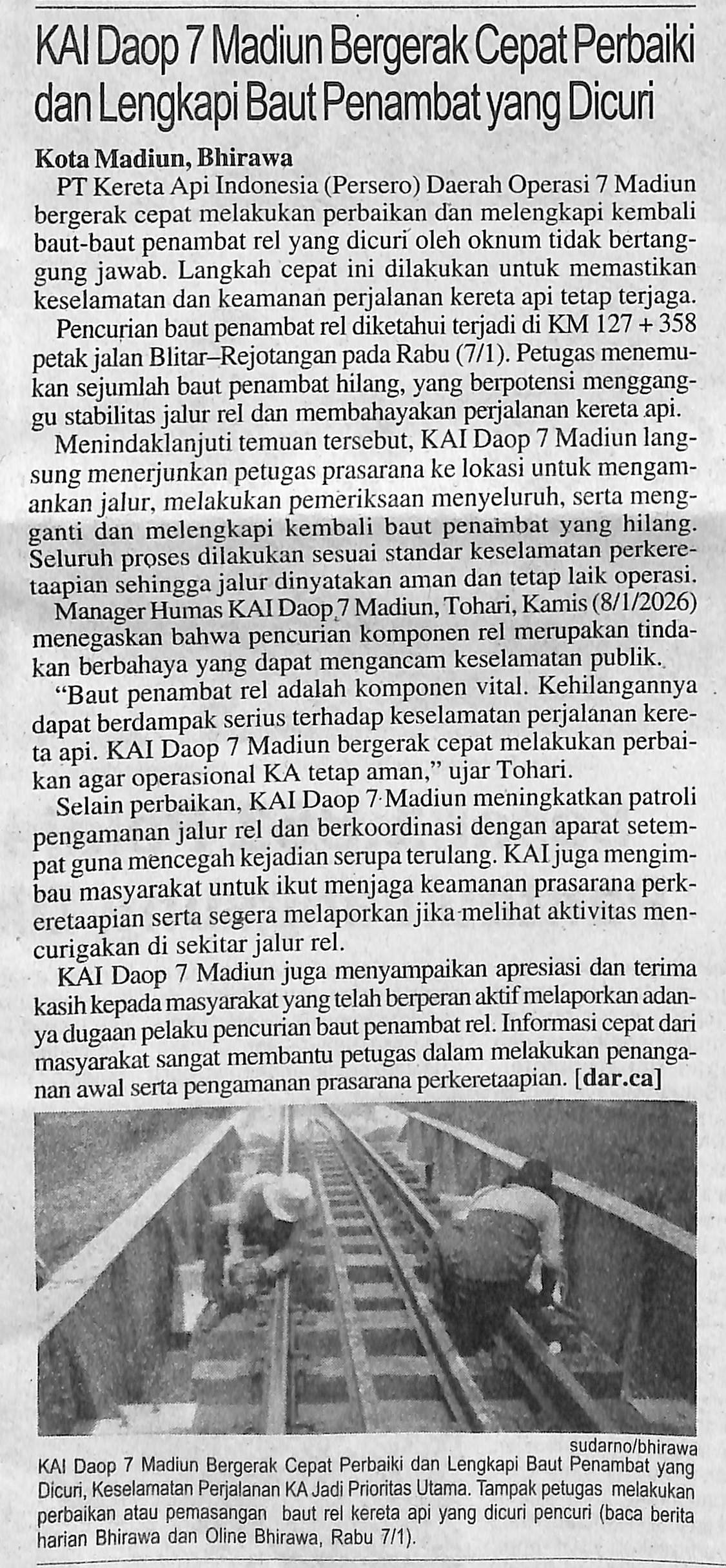 KAI Daop 7 Madiun Bergerak Cepat Perbaiki dan Lengkapi Baut Penambat yang Dicuri