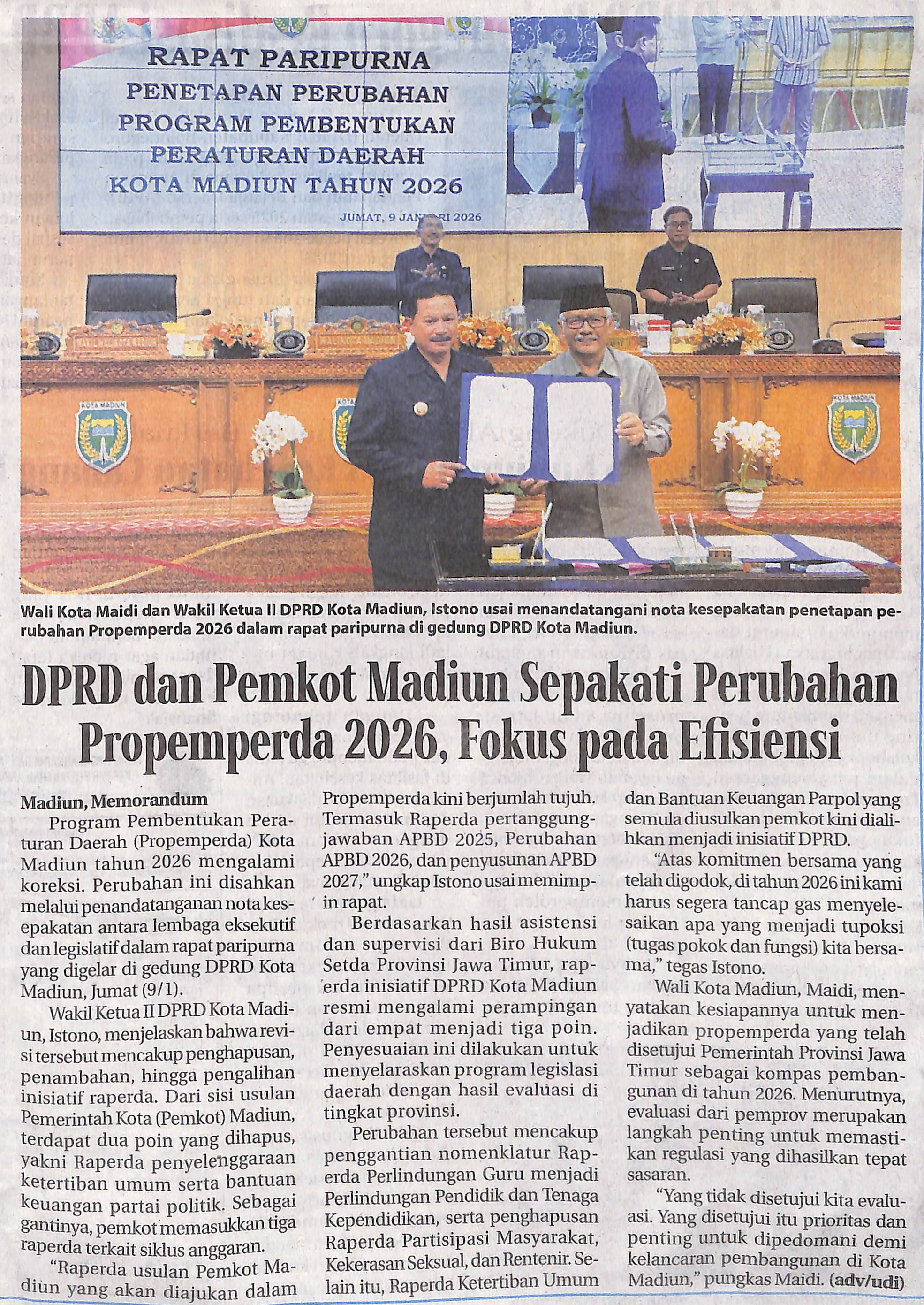 DPRD dan Pemkot Madiun Sepakati Perubahan Propemperda 2026, Fokus pada Efisiensi