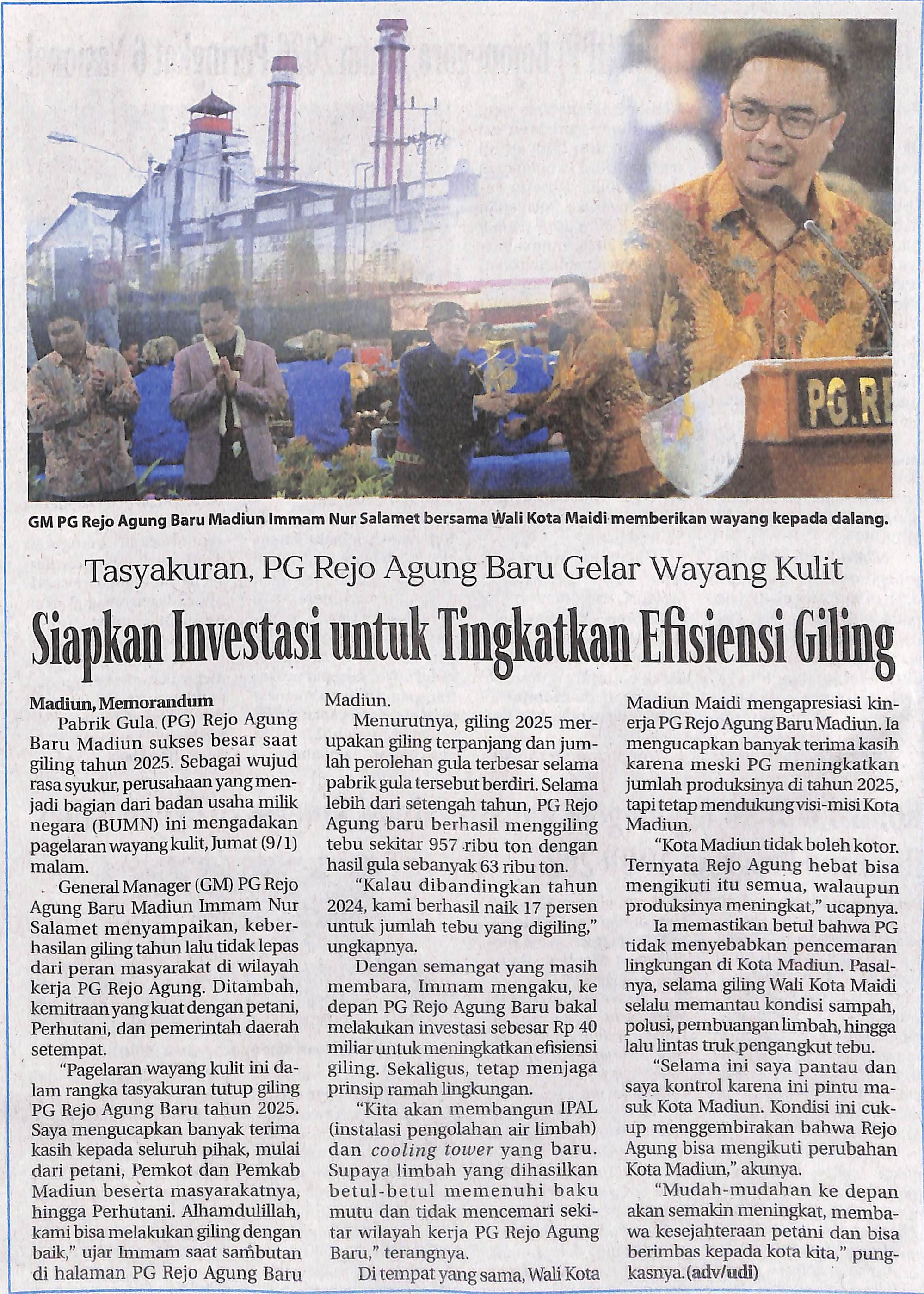 Tasyakuran, PG Rejo Agung Baru Gelar Wayang Kulit Siapkan Investasi untuk Tingkatkan Efisiensi Giling