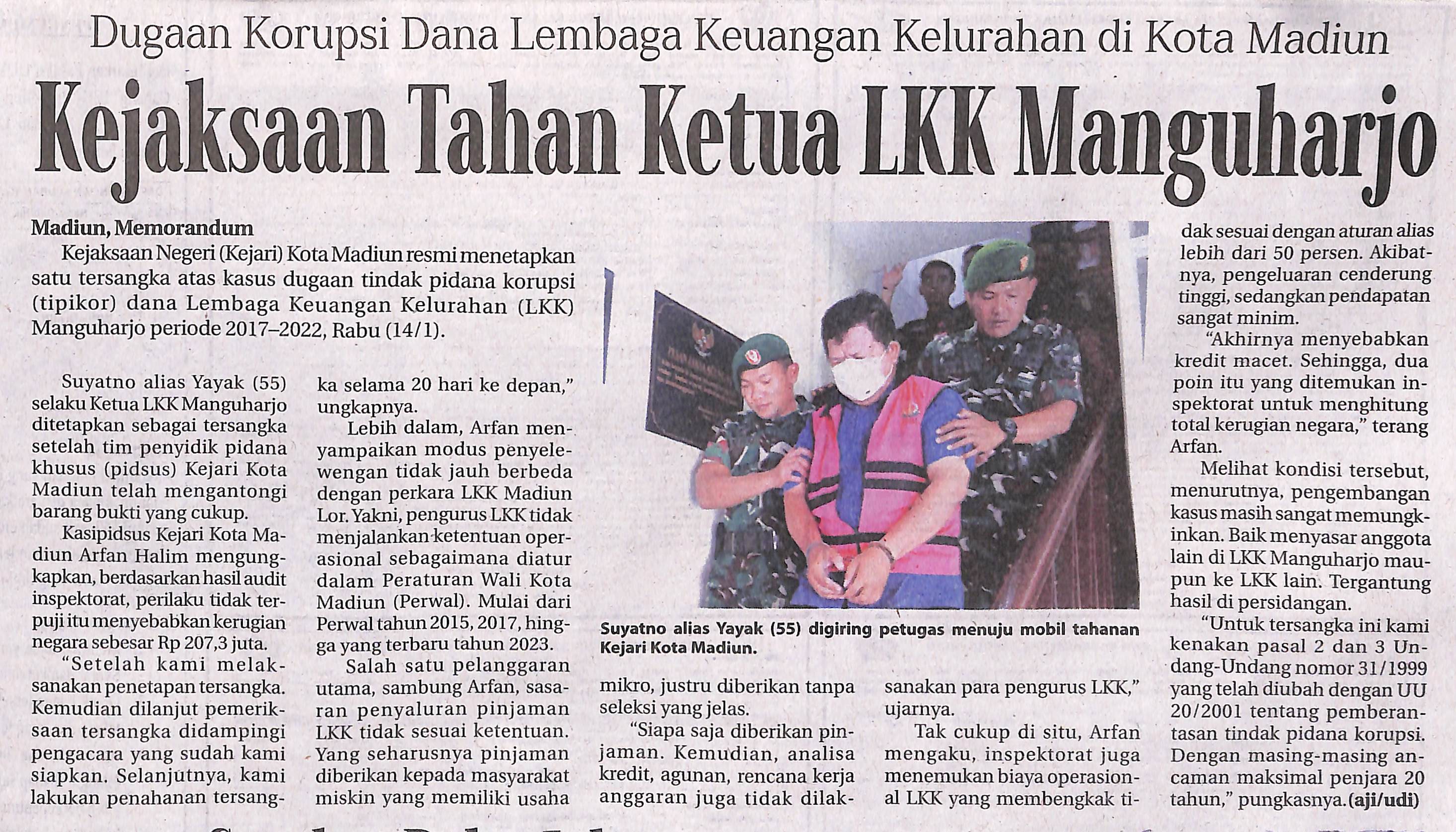 Dugaan Korupsi Dana Lembaga Keuangan Kelurahan di Kota Madiun, Kejaksaan Tahan Ketua LKK Manguharjo