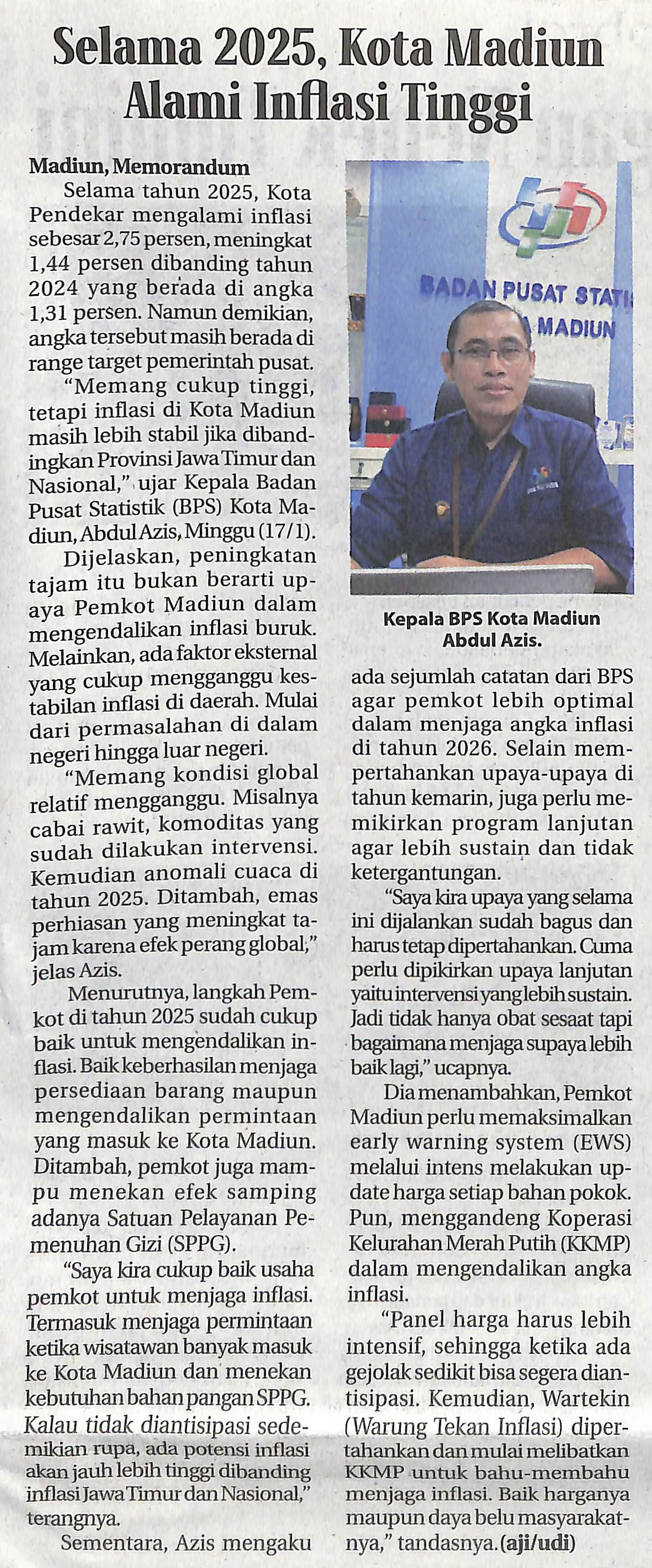 Selama 2025, Kota Madiun Alami Inflasi Tinggi