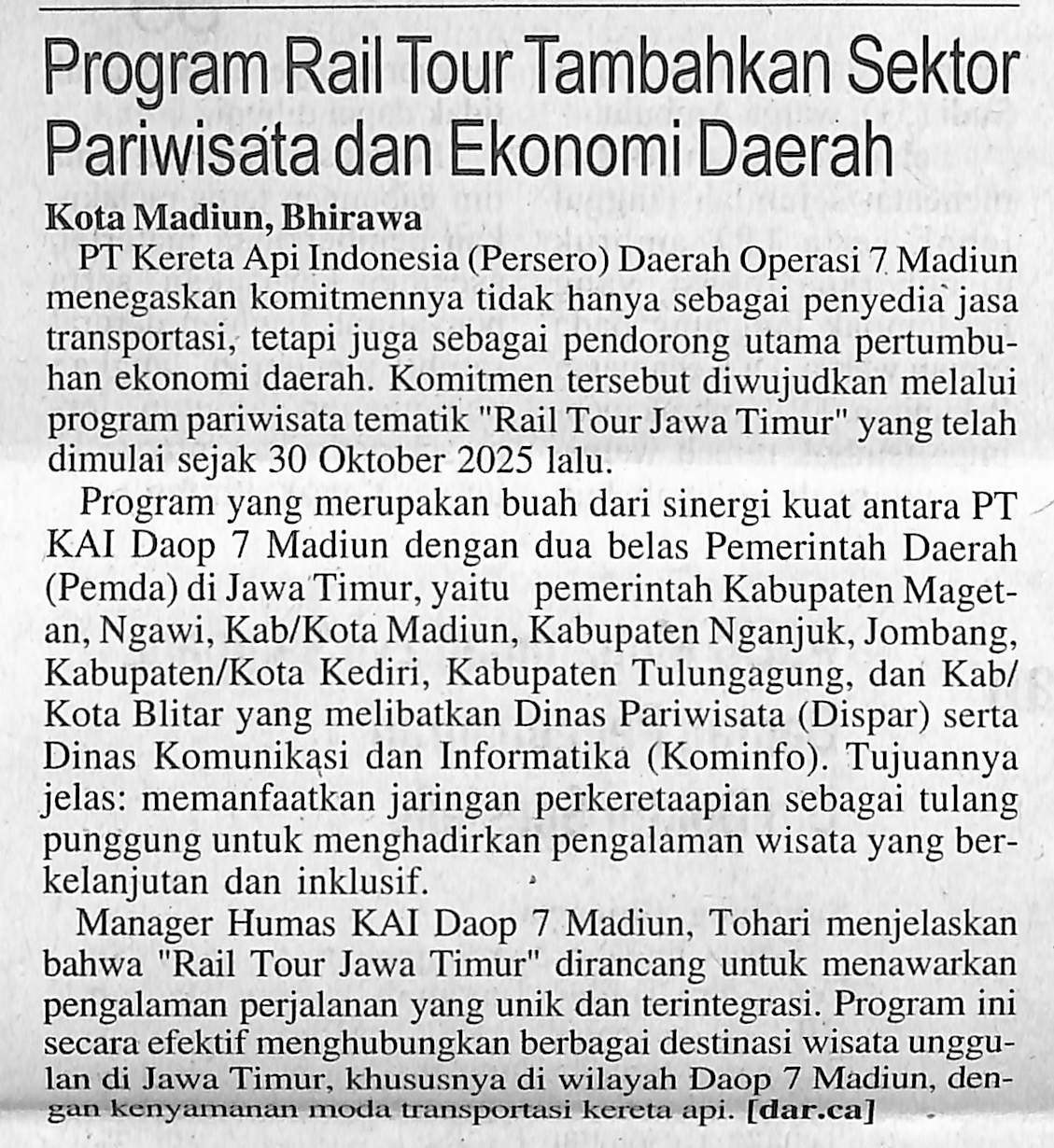 Program Rail Tour Tambahkan Sektor Pariwisata dan Ekonomi Daerah