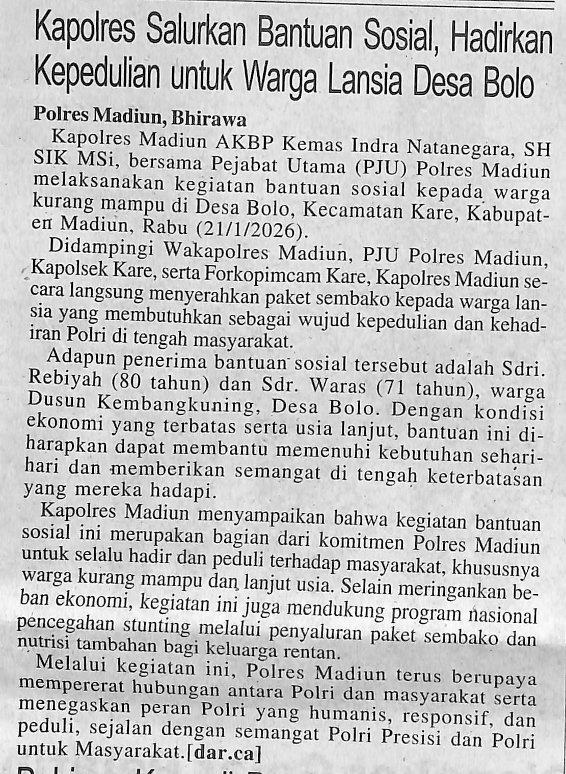 Kapolres Salurkan Bantuan Sosial, Hadirkan Kepedulian untuk Warga Lansia Desa Bolo