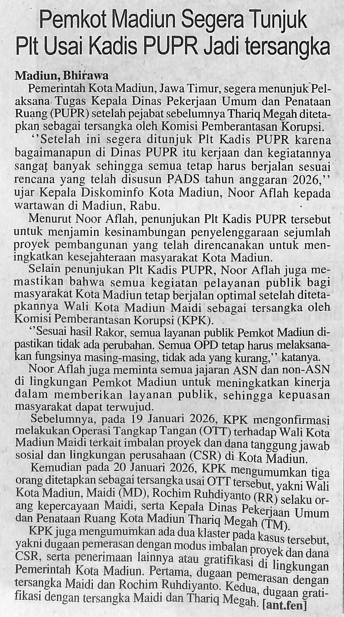 Pemkot Madiun Segera Tunjuk Plt Usai Kadis PUPR Jadi Tersangka