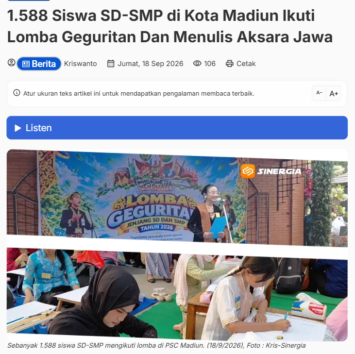 1.588 Siswa SD-SMP di Kota Madiun Ikuti Lomba Geguritan Dan Menulis Aksara Jawa
