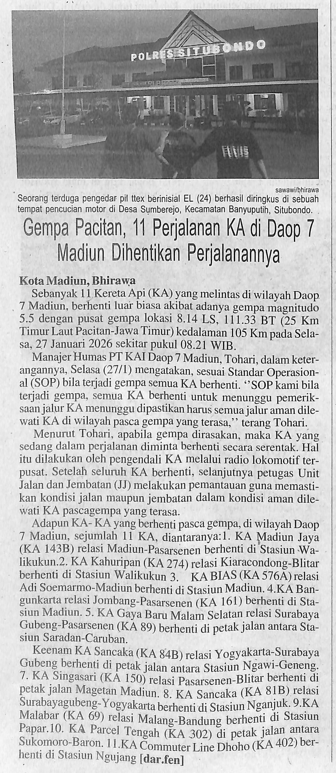 Gempa Pacitan, 11 Perjalanan KA di Daop 7 Madiun Dihentikan Perjalanannya
