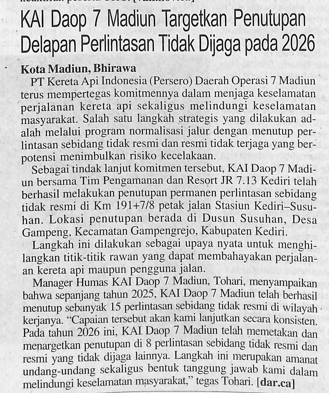 KAI Daop 7 Madiun Targetkan Penutupan Delapan Perlintasan Tidak Dijaga pada 2026