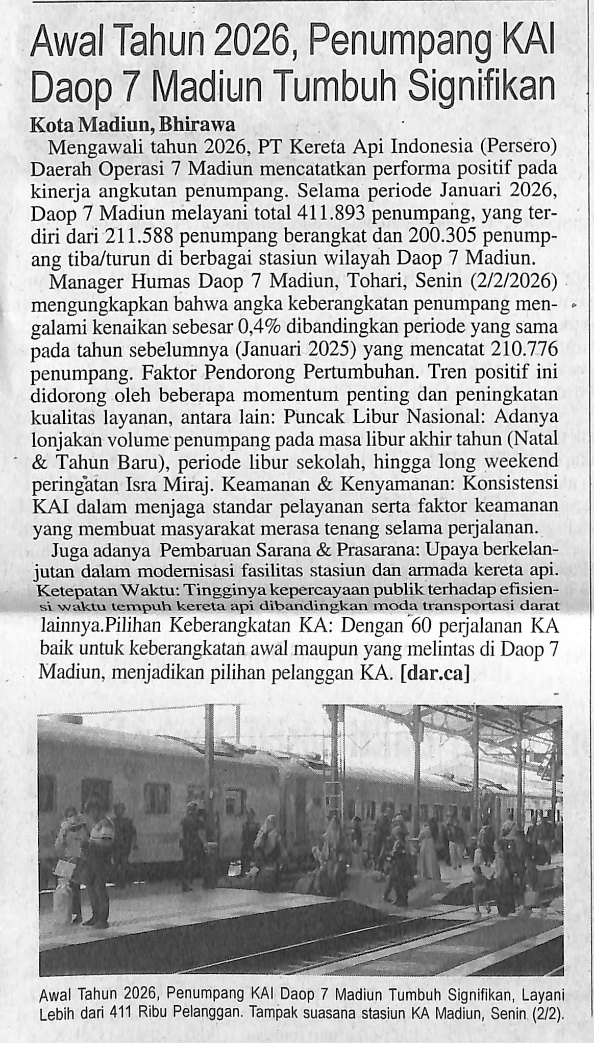 Awal Tahun 2026, Penumpang KAI DAOP 7 Madiun Tumbuh Signifikan