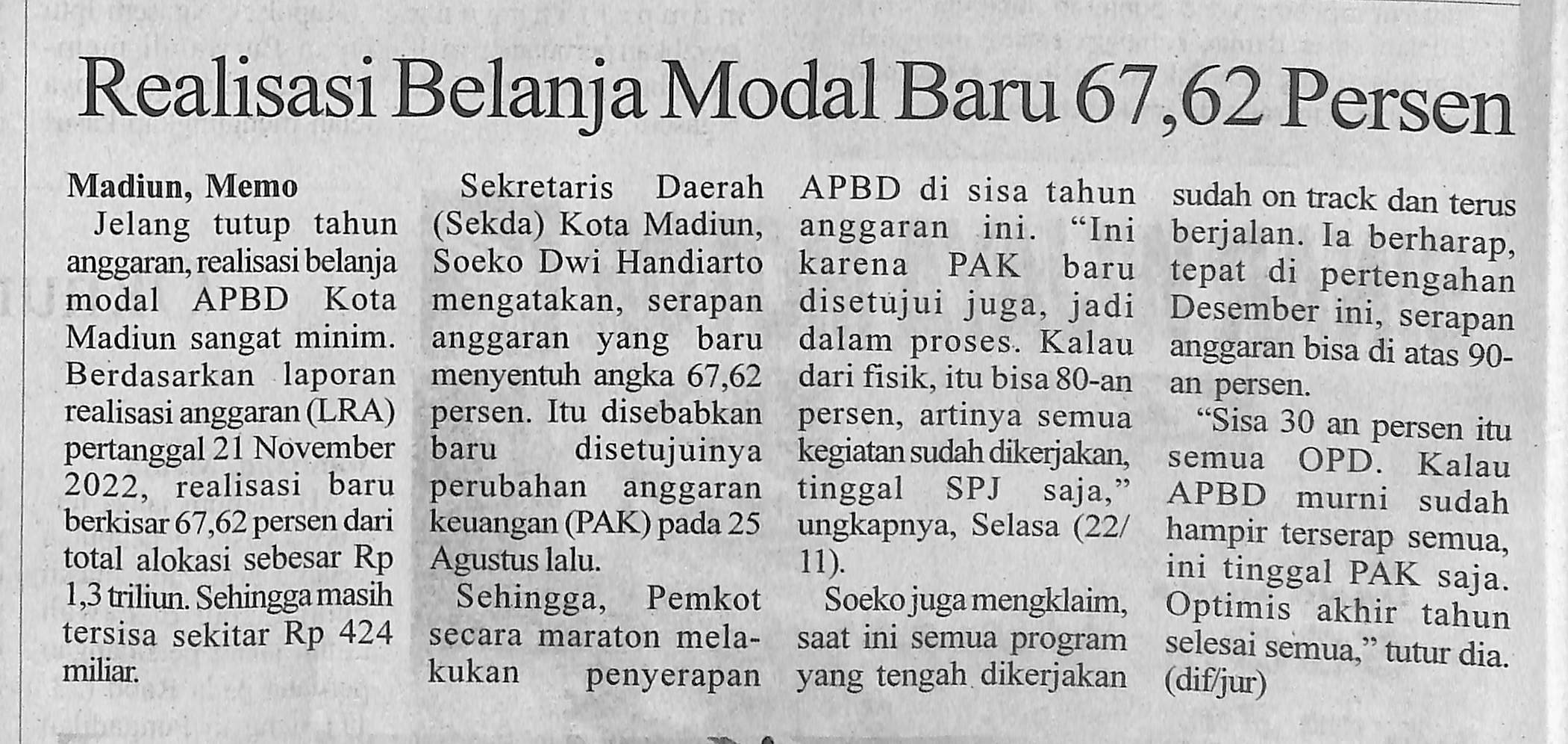 Realisasi Belanja Modal Baru 67,62 Persen