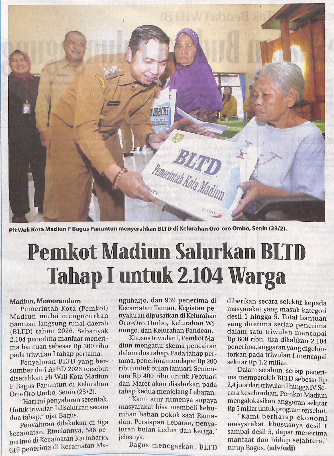 Pemkot Madiun Salurkan BLTD Tahap 1 untuk 2.104 Warga