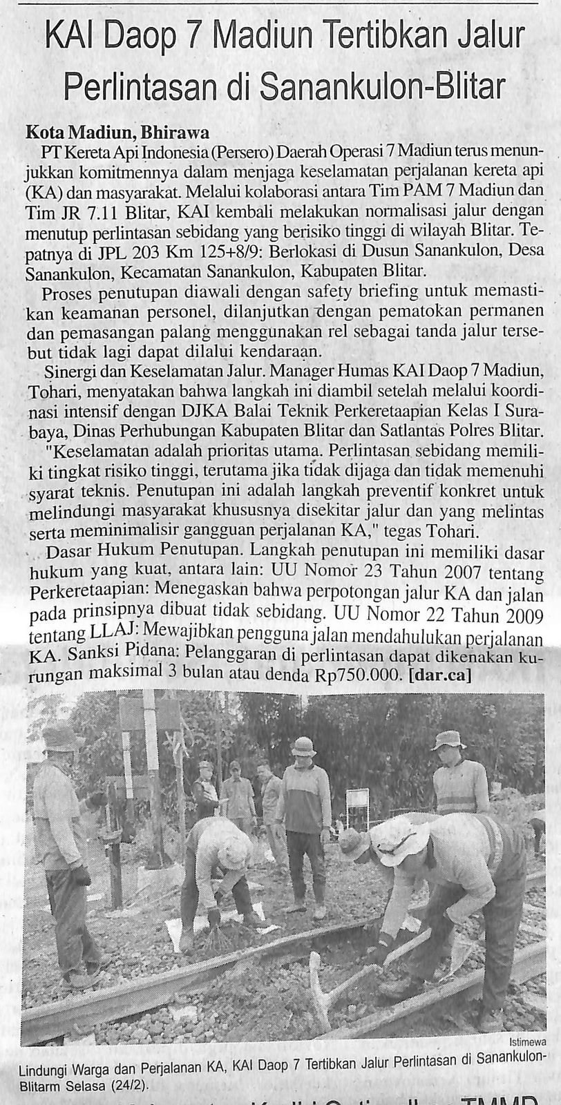KAI Daop 7 Madiun Tertibkan Jalur Perlintasan di Sanankulon-Blitar