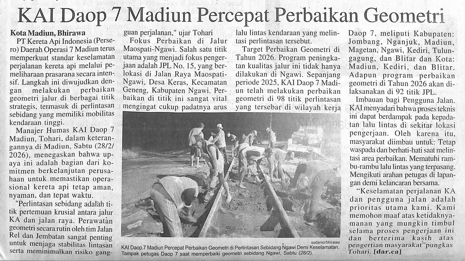 KAI Daop 7 Madiun Percepat Perbaikan Geometri