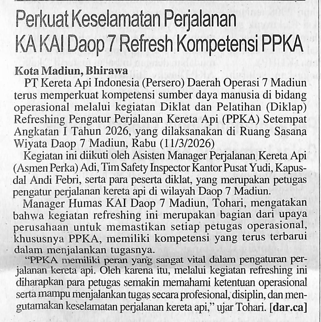 Perkuat Keselamatan Perjalanan КА KAI Daop 7 Refresh Kompetensi PPKA